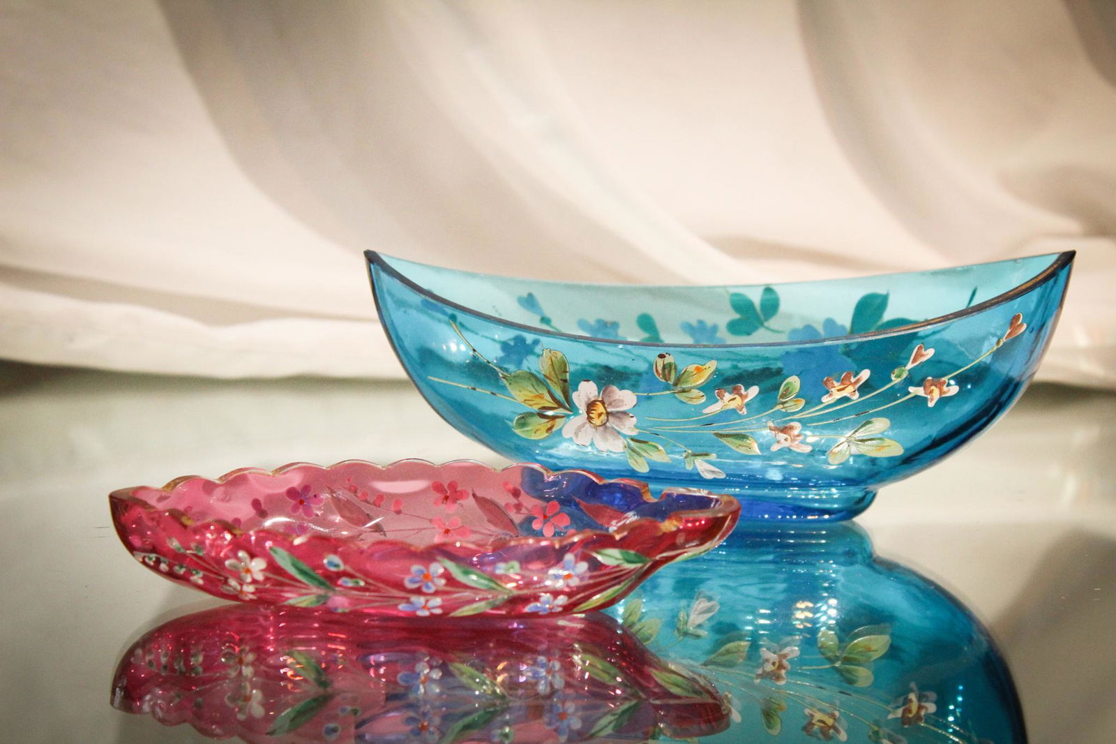 Moser Blue & Cranberry Enameled Canoe Pin Dishes (1 of 7)
