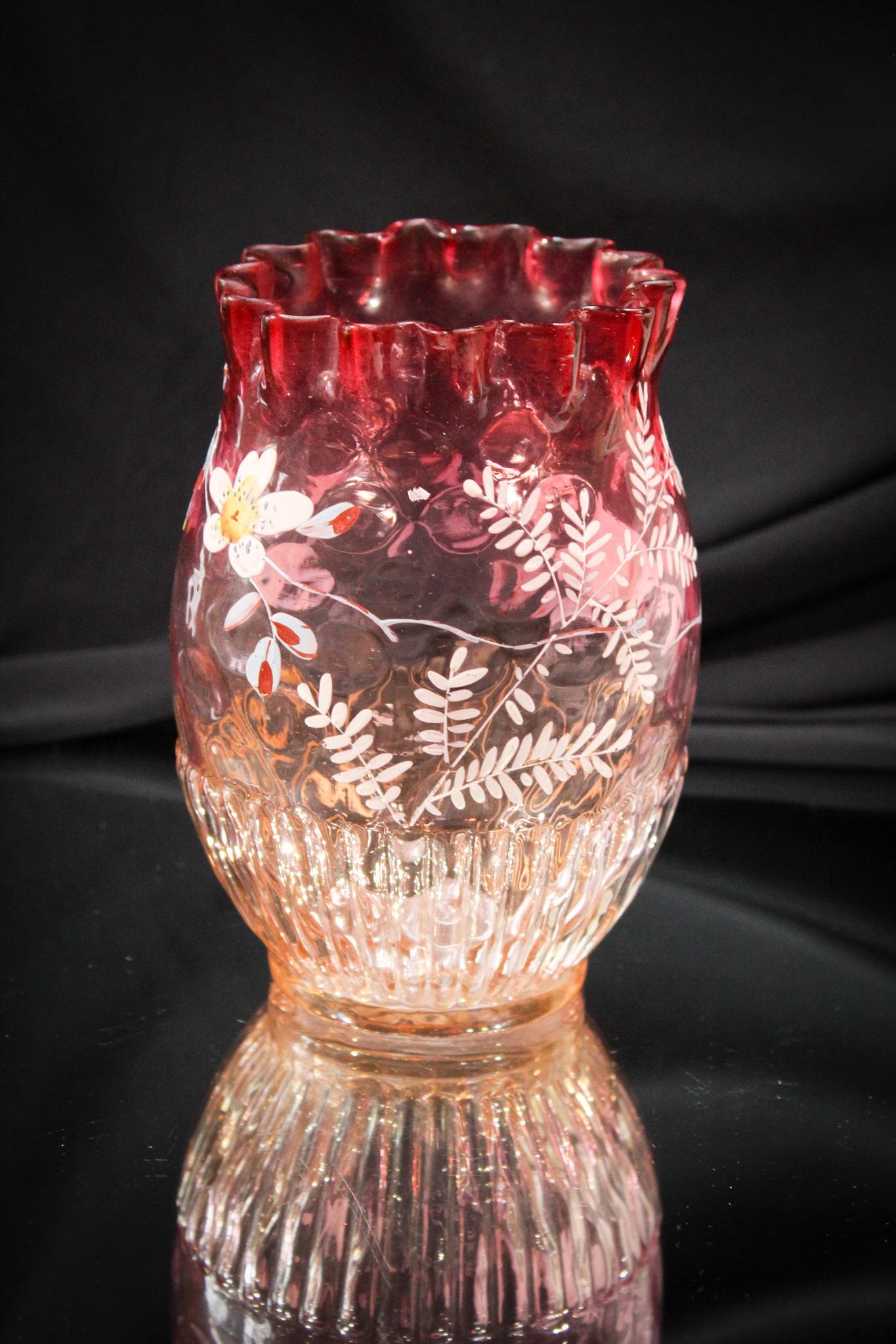 Cranberry Marigold Irridescent Enameled Victorian Celery Vase (1 of 5)