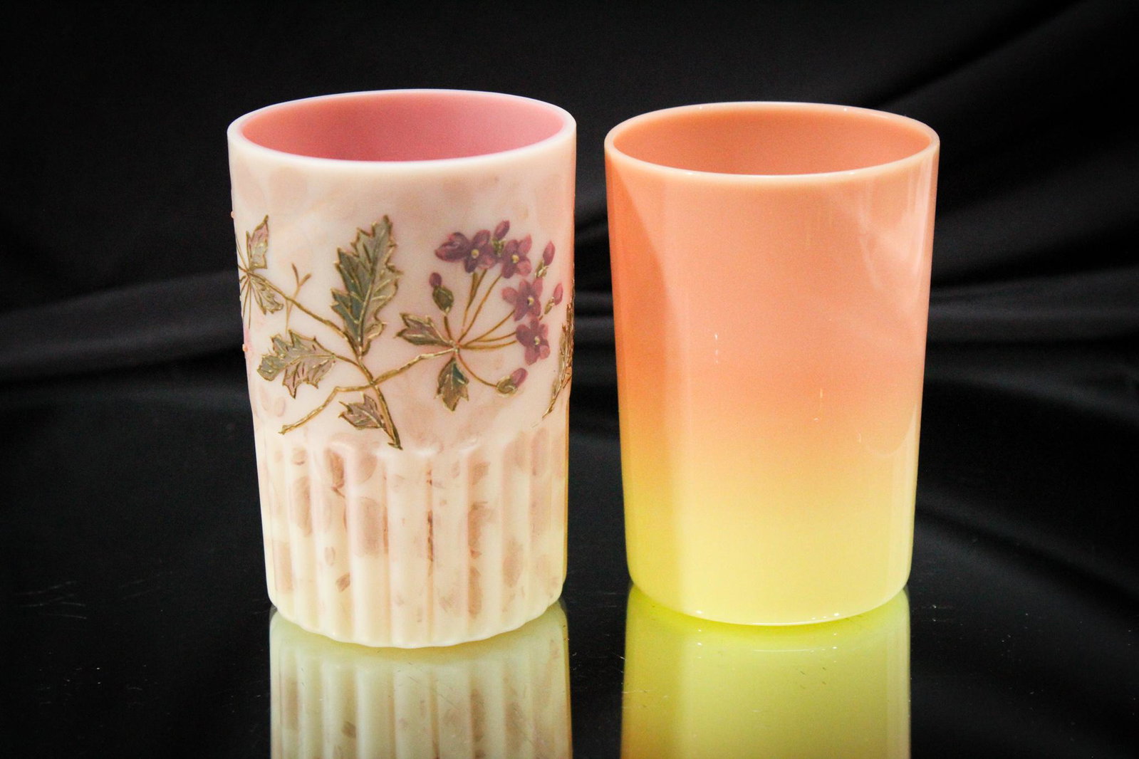 2 pc Lot Victorian Mt. Washington Decorated Tumblers: We have paired these lovely Mt. Washington Tumblers together in one lot. A pastel decorated example and an undecorated example. The best of the base here folks! Tallest measures 4" tall.