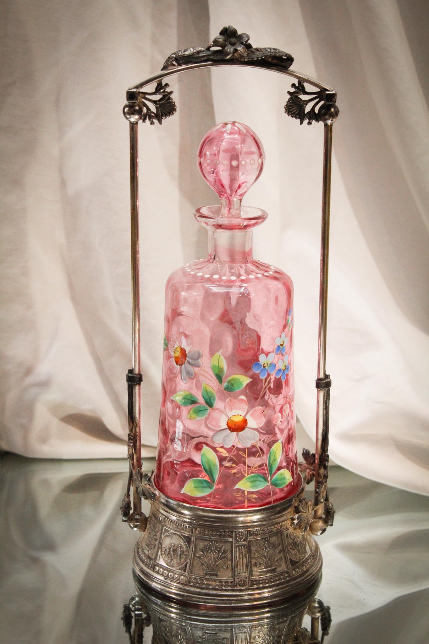 Victorian Large Cranberry Enameled Cologne in Silverplate Holder (1 of 6)