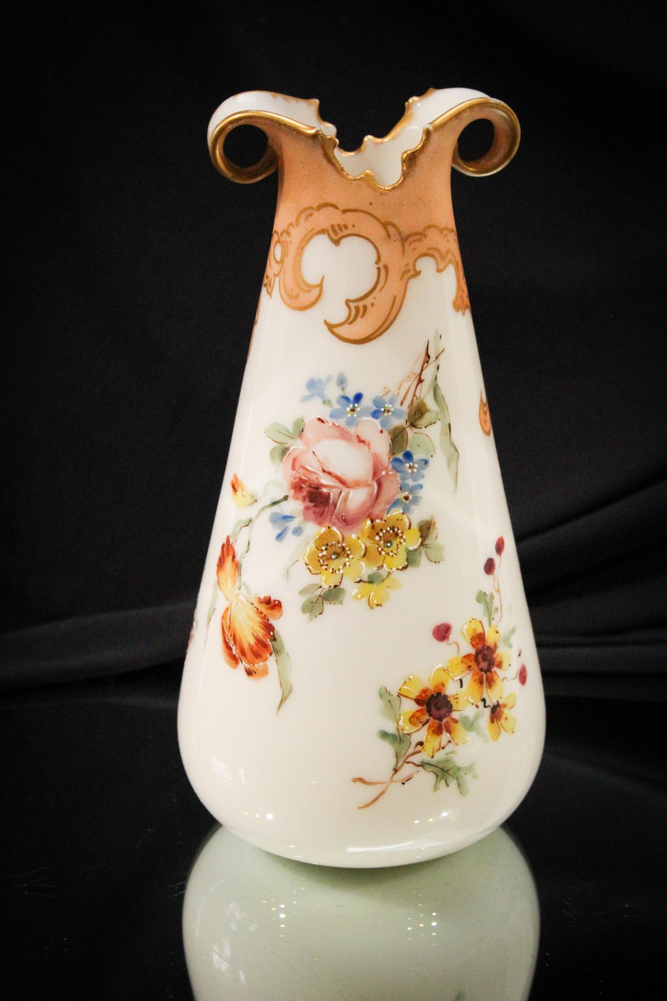 Mt. Washington Dresden Floral Decorated Scroll Handle Victorian Vase (1 of 4)