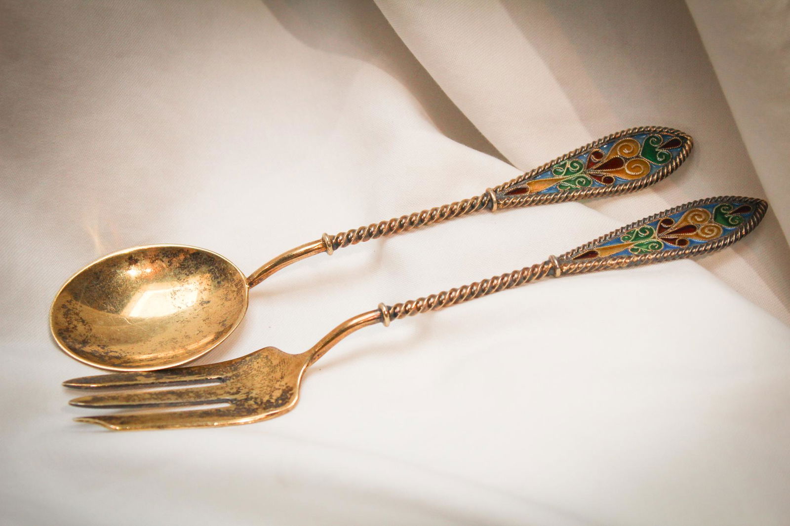 Russian Silver Enameled Fork and Spoon (1 of 7)