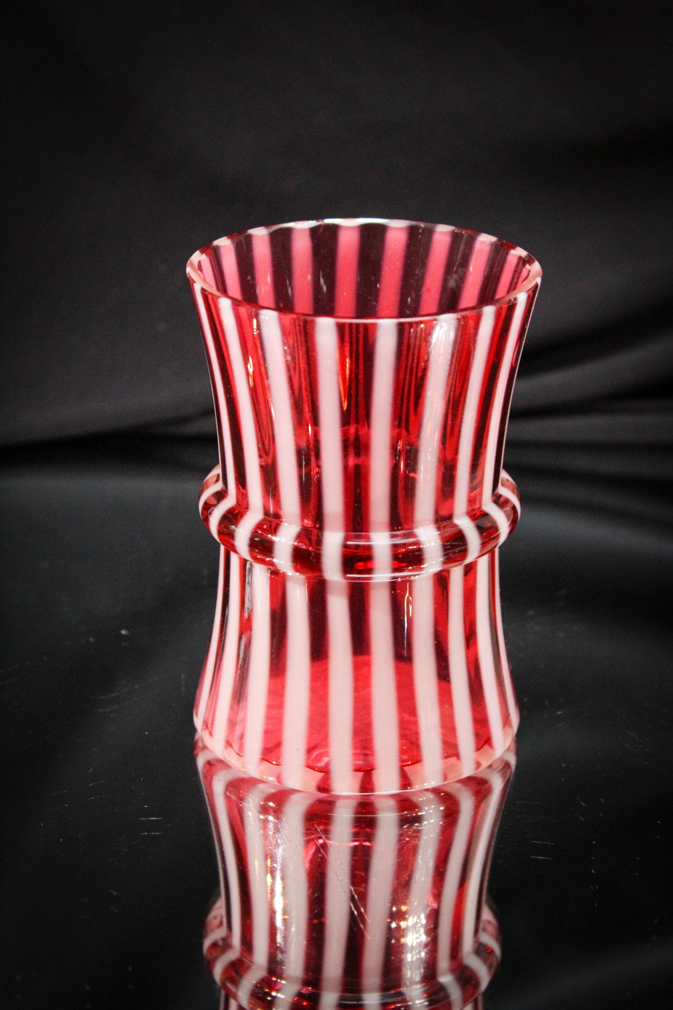 Cranberry Opalescent Victorian Ring Waist Stripe Victorian Spooner (1 of 4)