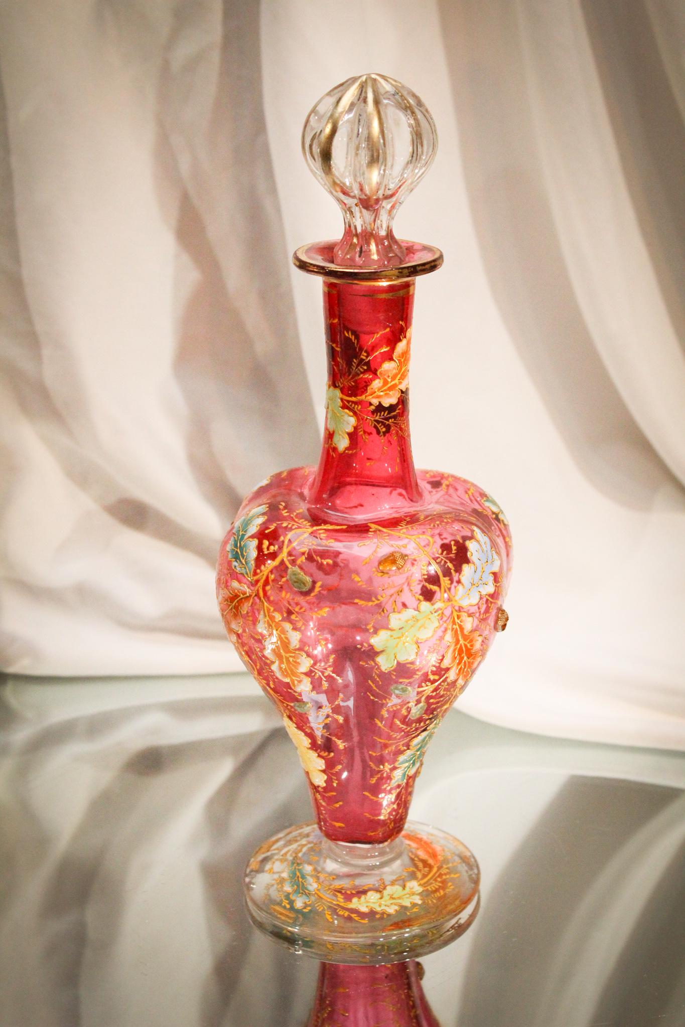 Moser Cranberry Enameled Cologne w/ Acorn and Leaf Decor (1 of 6)