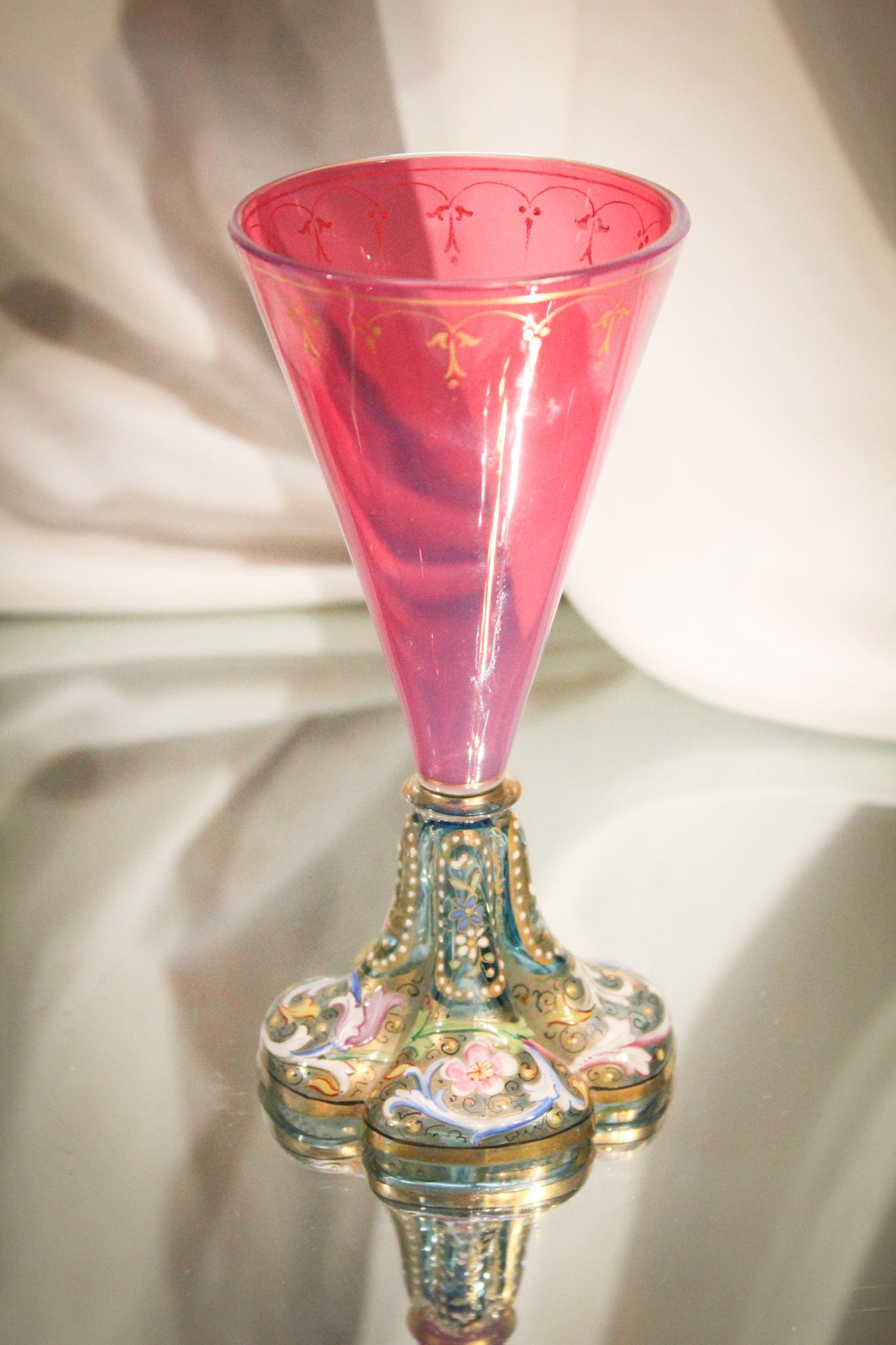 Cranberry Opalescent Moser Enameled Goblet (1 of 5)