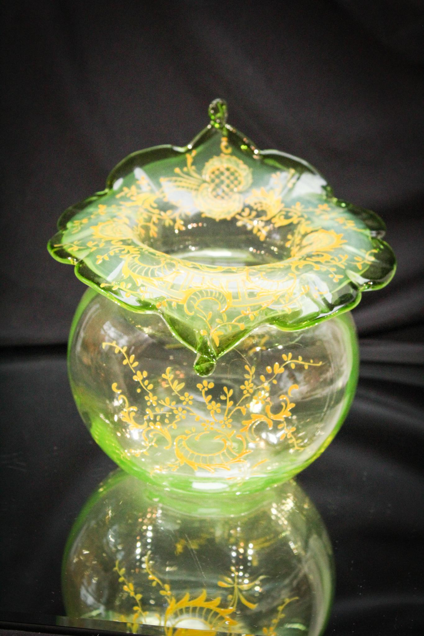 Vaseline & Green Enameled Victorian Jack in the Pulpit Vase (1 of 5)