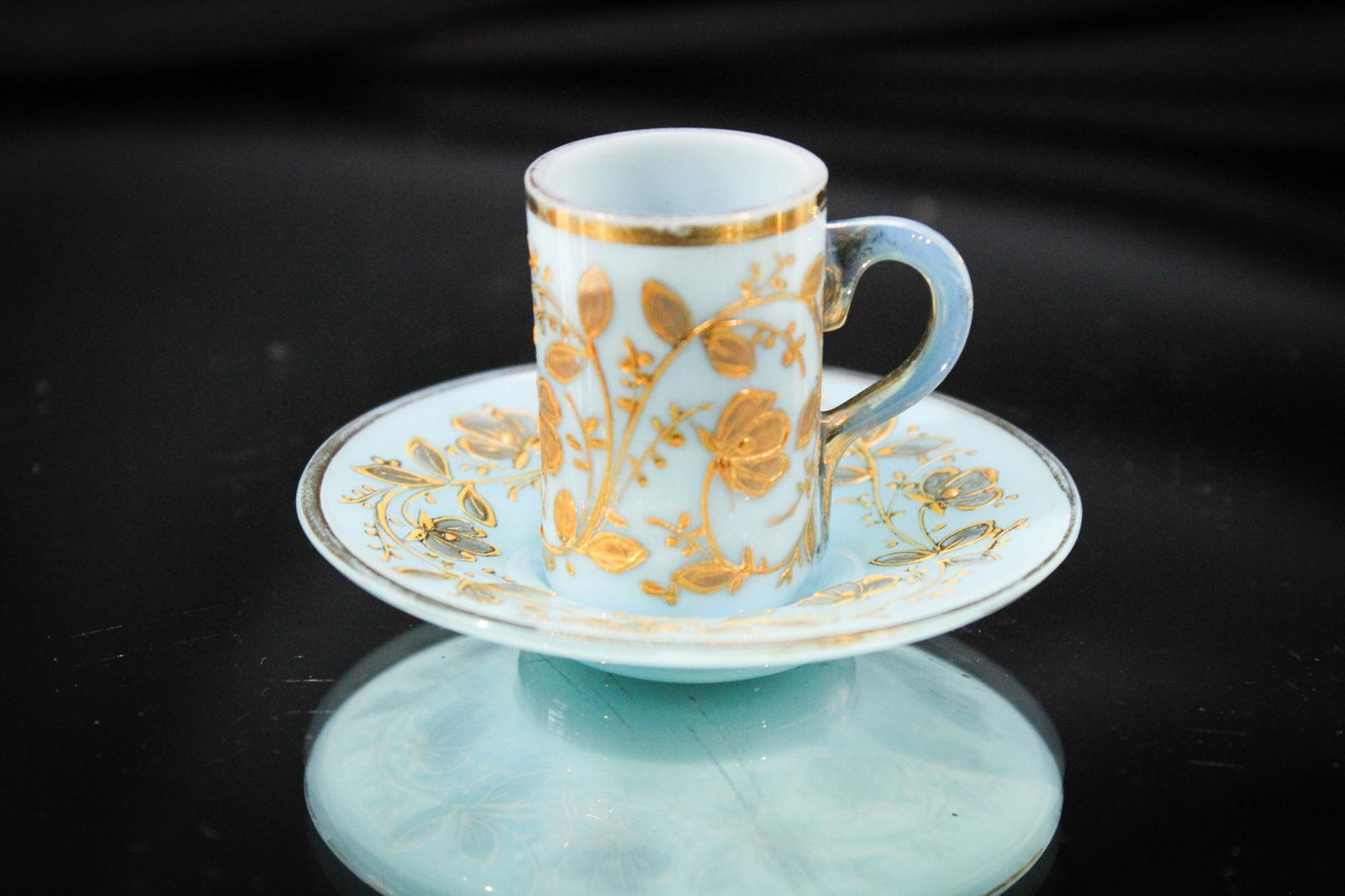 Moser Blue Opaline Victorian Miniature Glass Cup & Saucer (1 of 3)