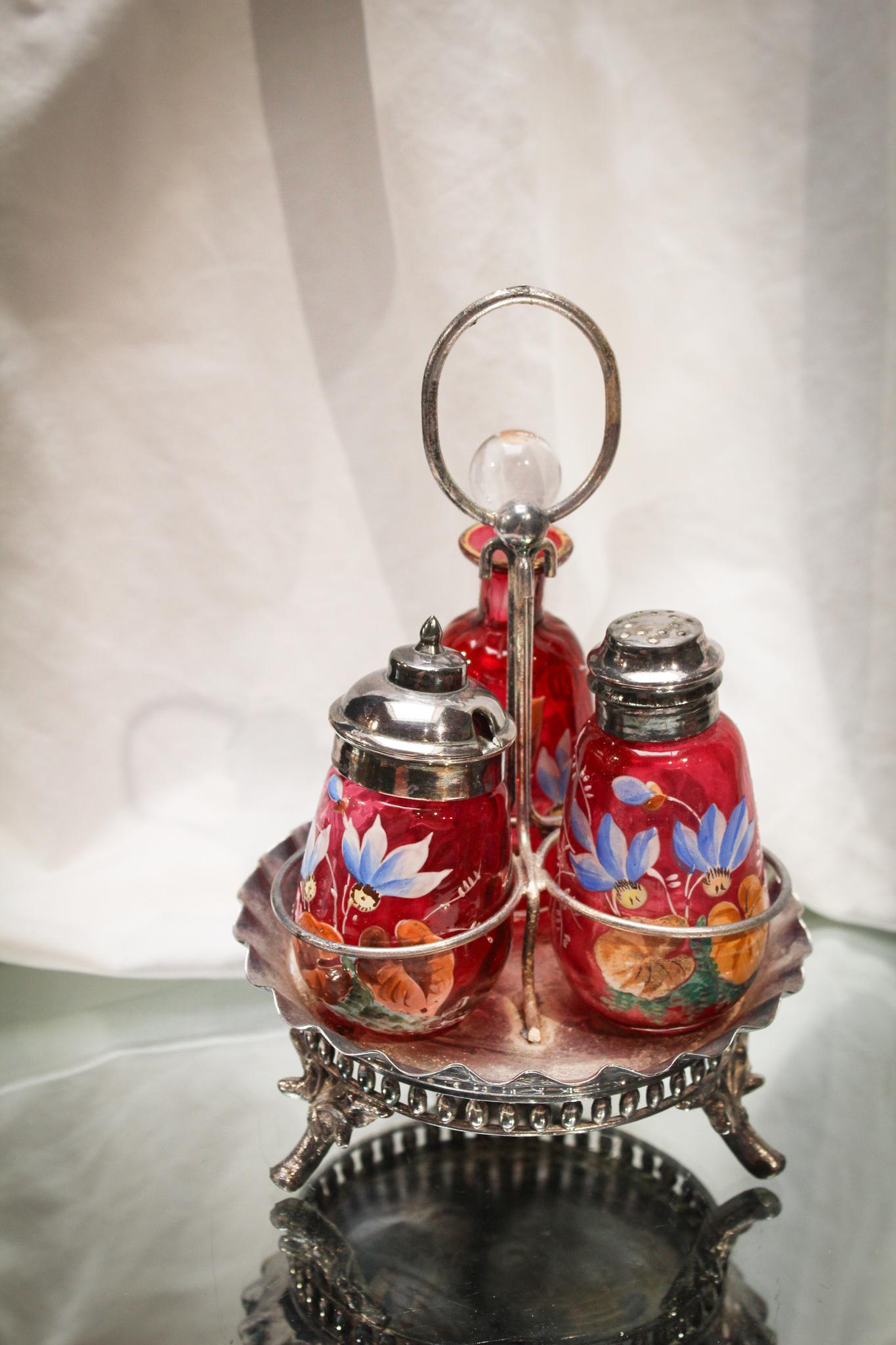 Incredible Cranberry Enameled Toronto Silverplate Victorian Condiment (1 of 4)
