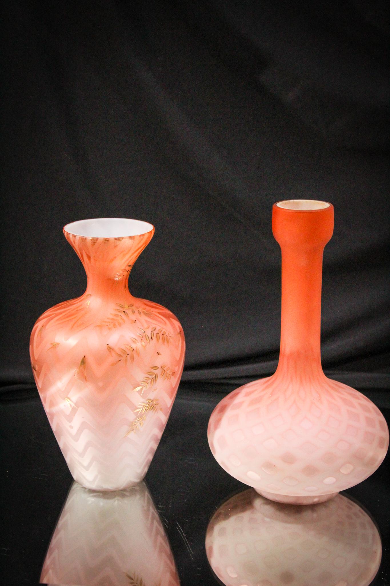 2 pc Lot Apricot Mother of Pearl Victorian Satin Glass Vases (1 of 6)