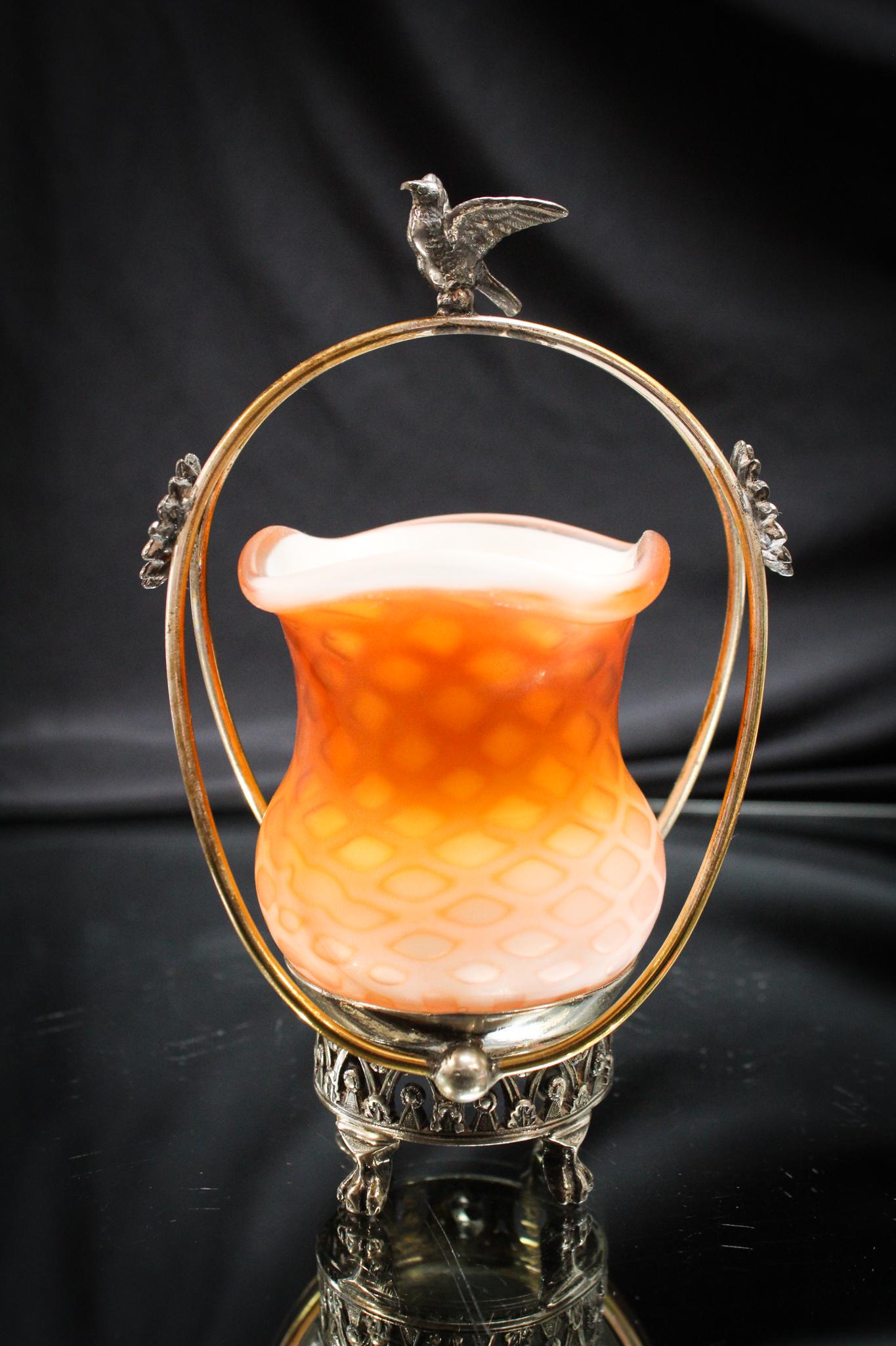 Rare Orange Mother of Pearl Victorian Toothpick Holder Aurora Silverplate (1 of 9)