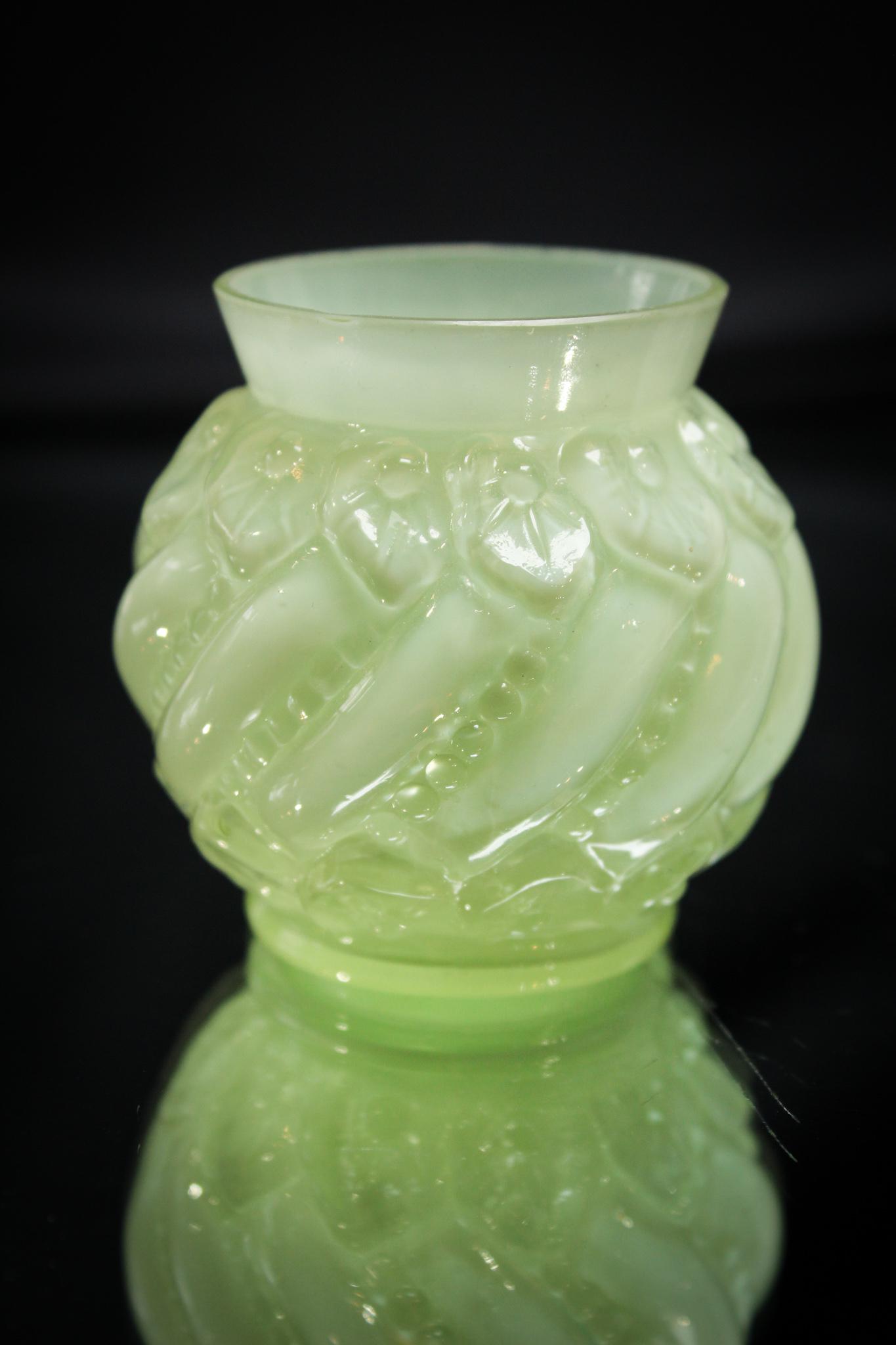 Northwood Swirl & Leaf Green Cased Toothpick Holder: Ahhh, here we have the green example of the Northwood Swirl & Leaf pattern. We have the pink cased example listed prior. What a great pattern. This one came direct from the family that has owned for a