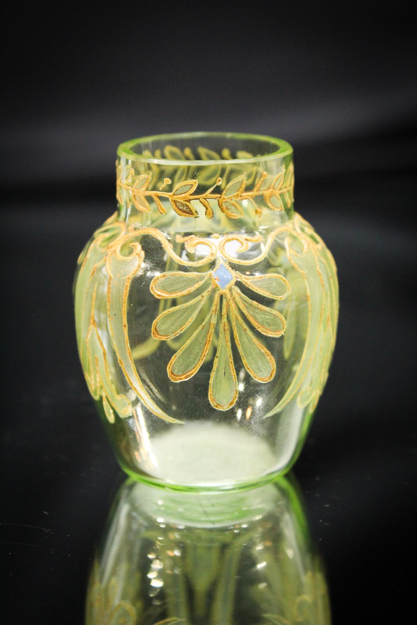 Vaseline Enameled Art Nouveau Toothpick Holder: What a gem this Vaseline enameled toothpick holder is. Lovely decoration well executed and such a classic form.This honey glows brilliantly under black light. Measures 2 1/4" tall.