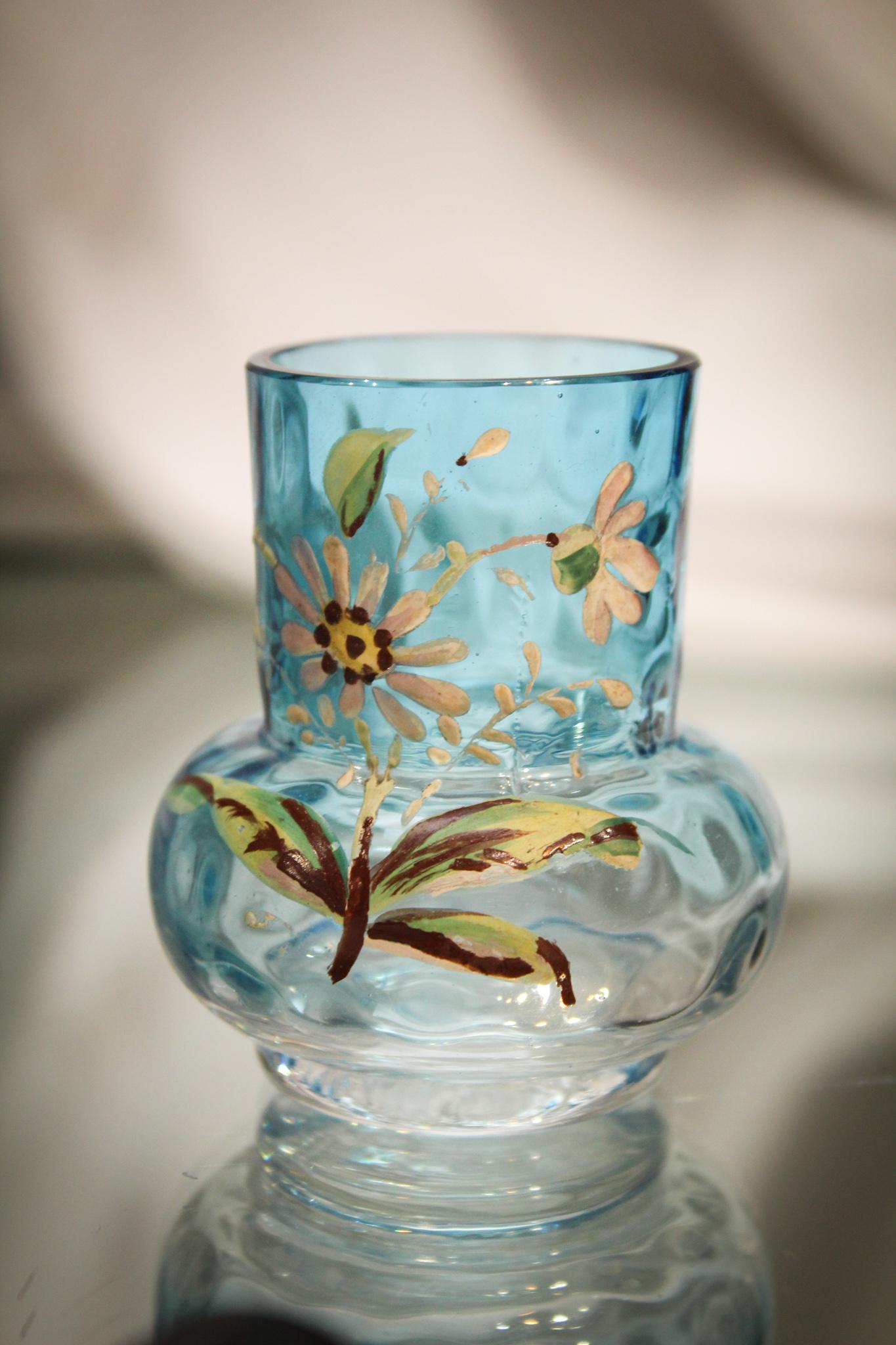 Bluerina IVT Victorian Enameled Toothpick Holder: What a nice toothpick. In form and in color, and in decoration. The blue fades to clear and has nice bulge base form with inverted thumbprint pattern to the glass with the addition of exquisite enamel