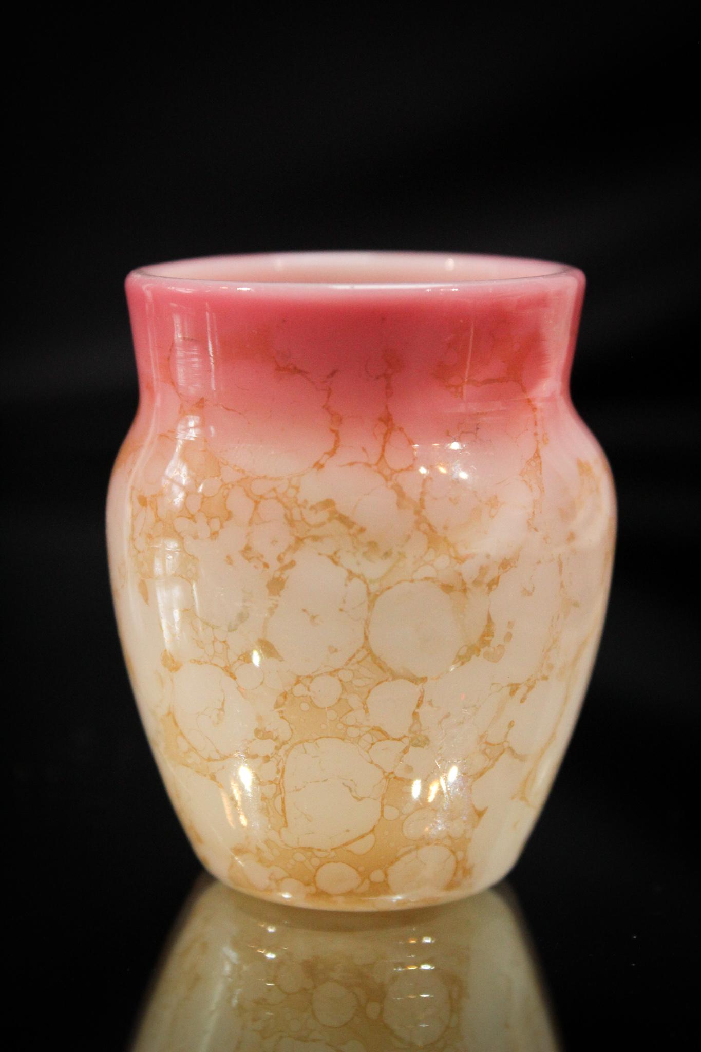 New England Glass Peachblow Urn Agata Toothpick Holder: Look at the rosey color of this one folks. It has complimentary light mottling with the agata treatment. So nice and unusual. It is an eye catcher don't you agree? Measures 2 1/4" tall.