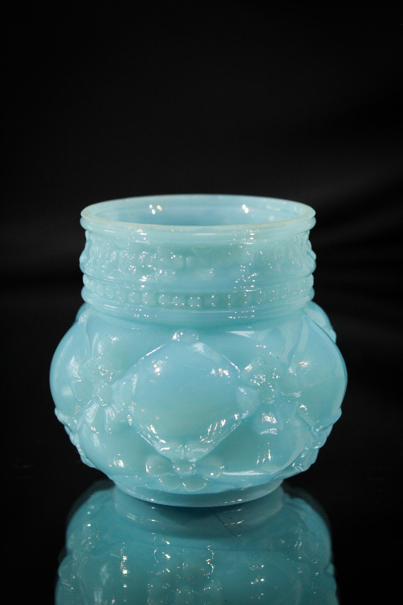 Northwood Blue Quilted Phlox Victorian Toothpick Holder: One of our favorite patterns here folks. Quilted Phlox by Northwood. This example is made in blue milk glass. Do you have this one? Do you? Measures 2 1/2" tall