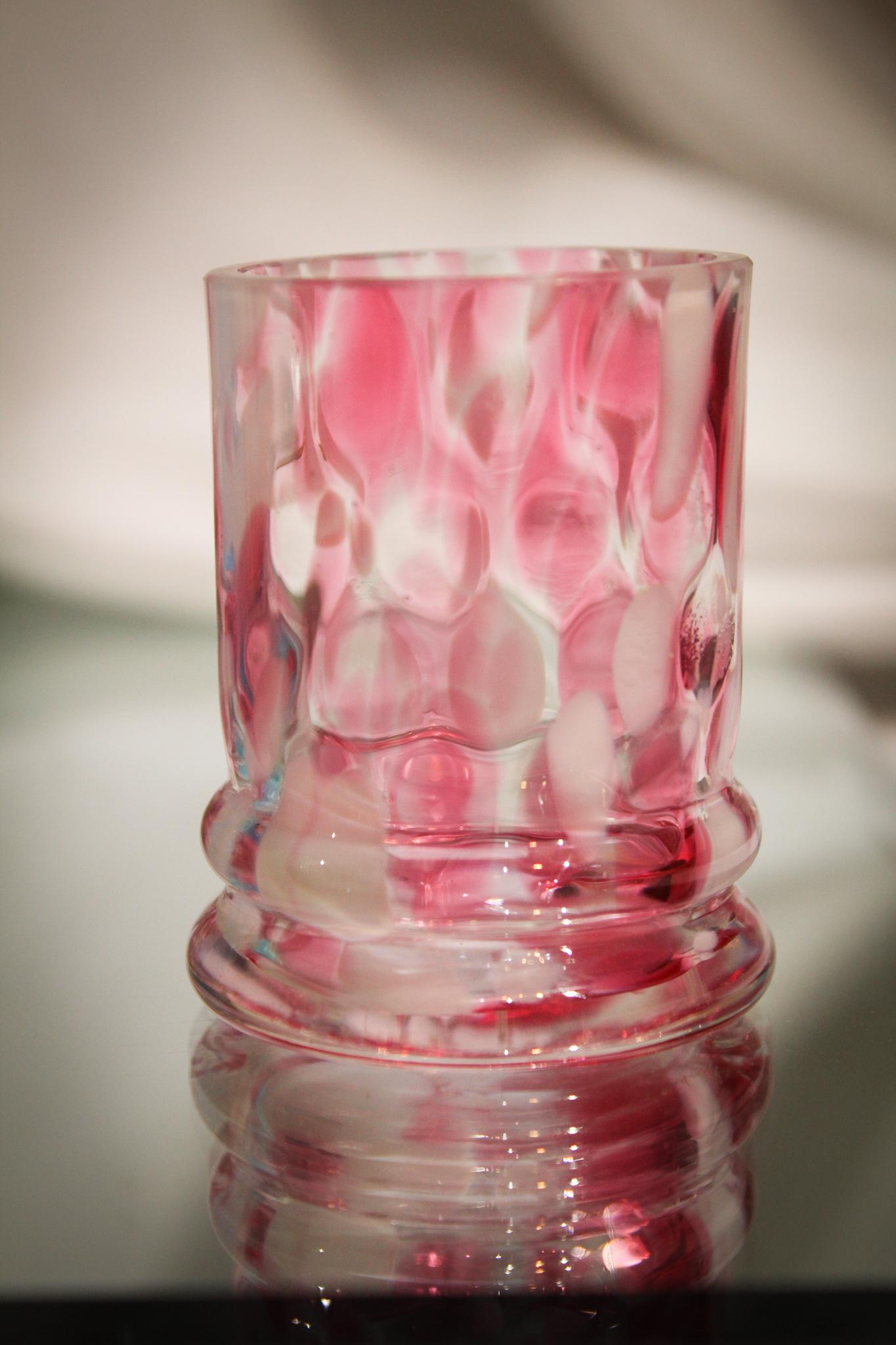 Cranberry Spatter Ring Base Victorian Toothpick Holder: This toothpick has lots of cranberry in it. The bulge ring base is quite pleasing to the eye. This is a premier example if you are in need of one. Measures 2 1/4" tall.