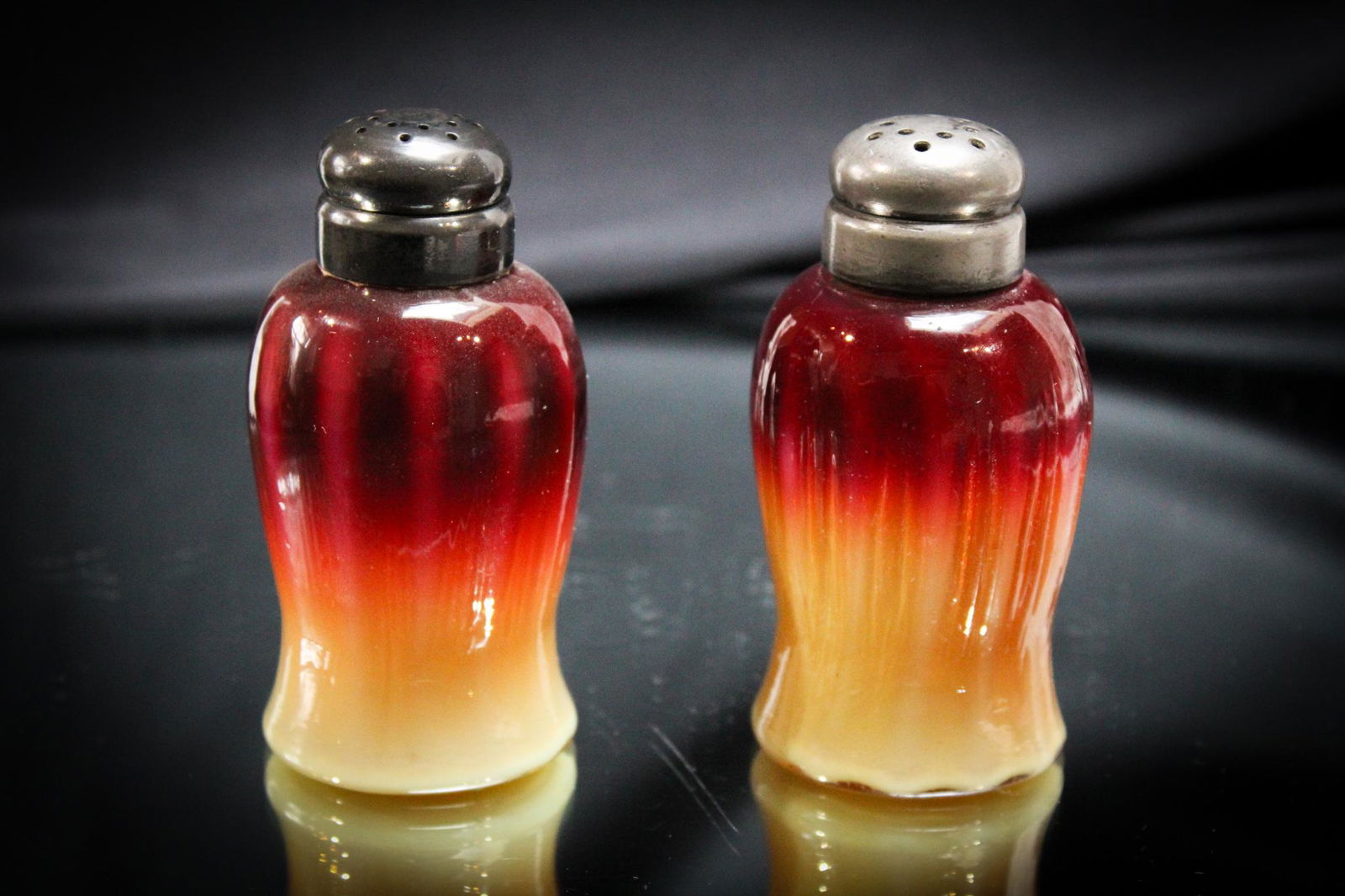 Rare Corset Victorian Plated Amberina Salt Shaker Pair (1 of 5)