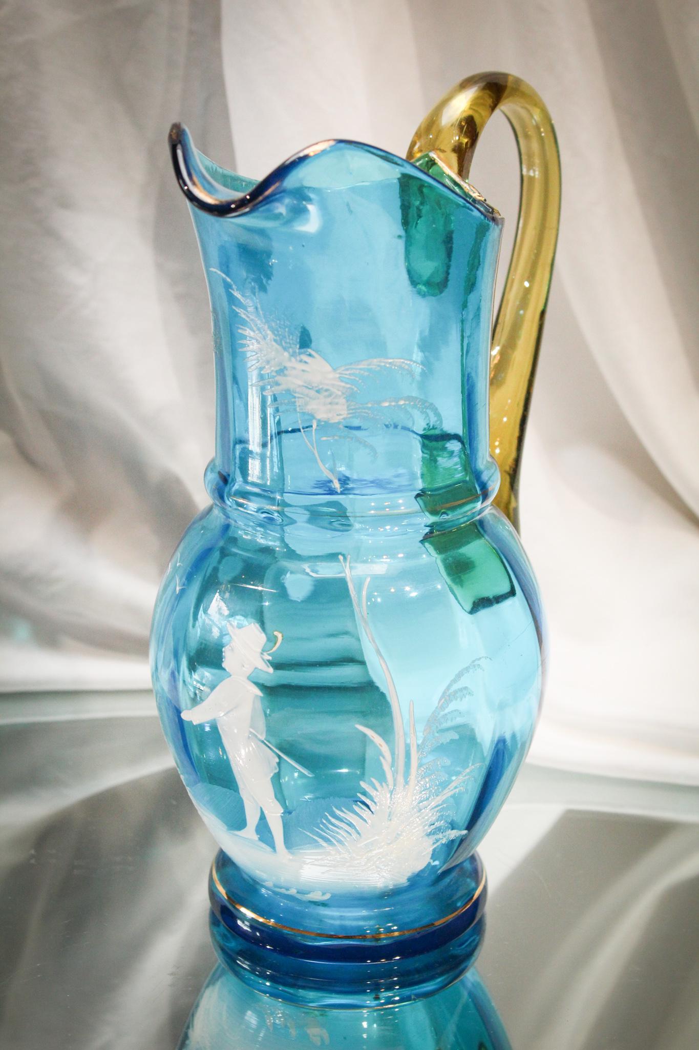 Victorian Celestial Blue & Amber Mary Gregory Enameled Pitcher (1 of 5)