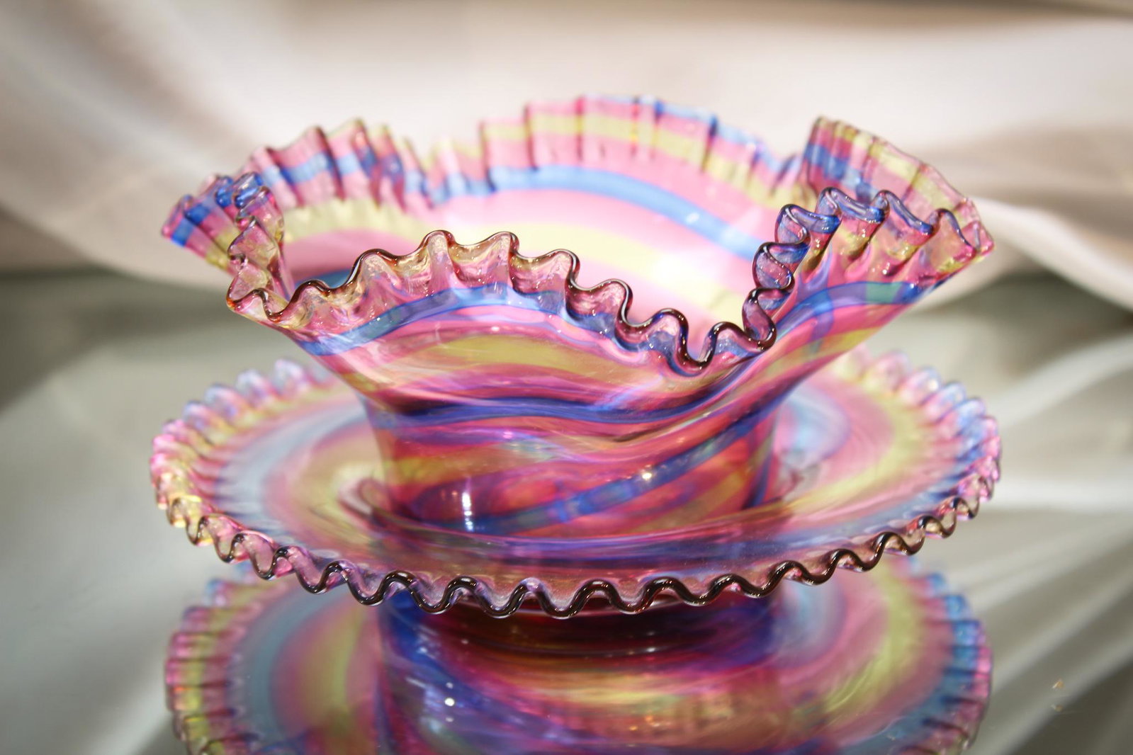 Fantastic Rainbow Victorian Glass Finger Bowl & Plate: How many of you folks out there have one of these? We don't see any hands in the air. What an eye popper this one is. Look at the vibrant rainbow coloring swirled in this Victorian finger bowl and und