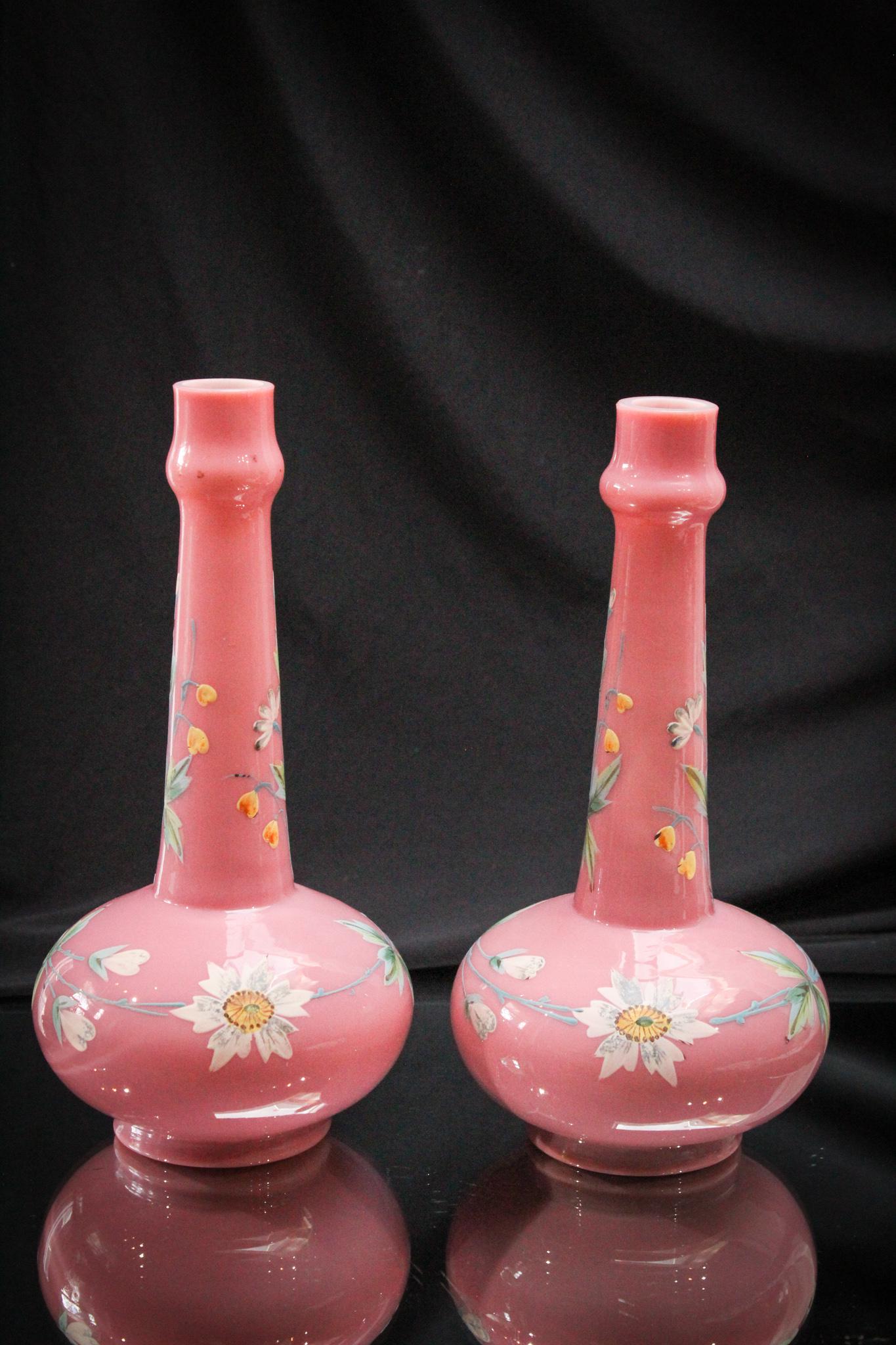 Victorian 9" Pair Pink Enameled Cased glass Stick Vases (1 of 4)