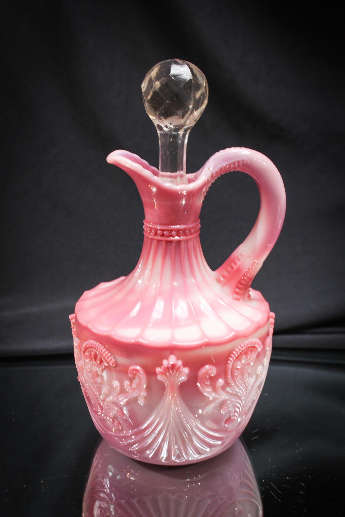 Northwood Pink Slag Inverted fan & Feather Victorian Cruet: What a truly wonderful and also desirable Victorian cruet. Vibrant hot pink color of this cruet makes this so much more special than if it were a pale example as a lot are. Why this would make even th