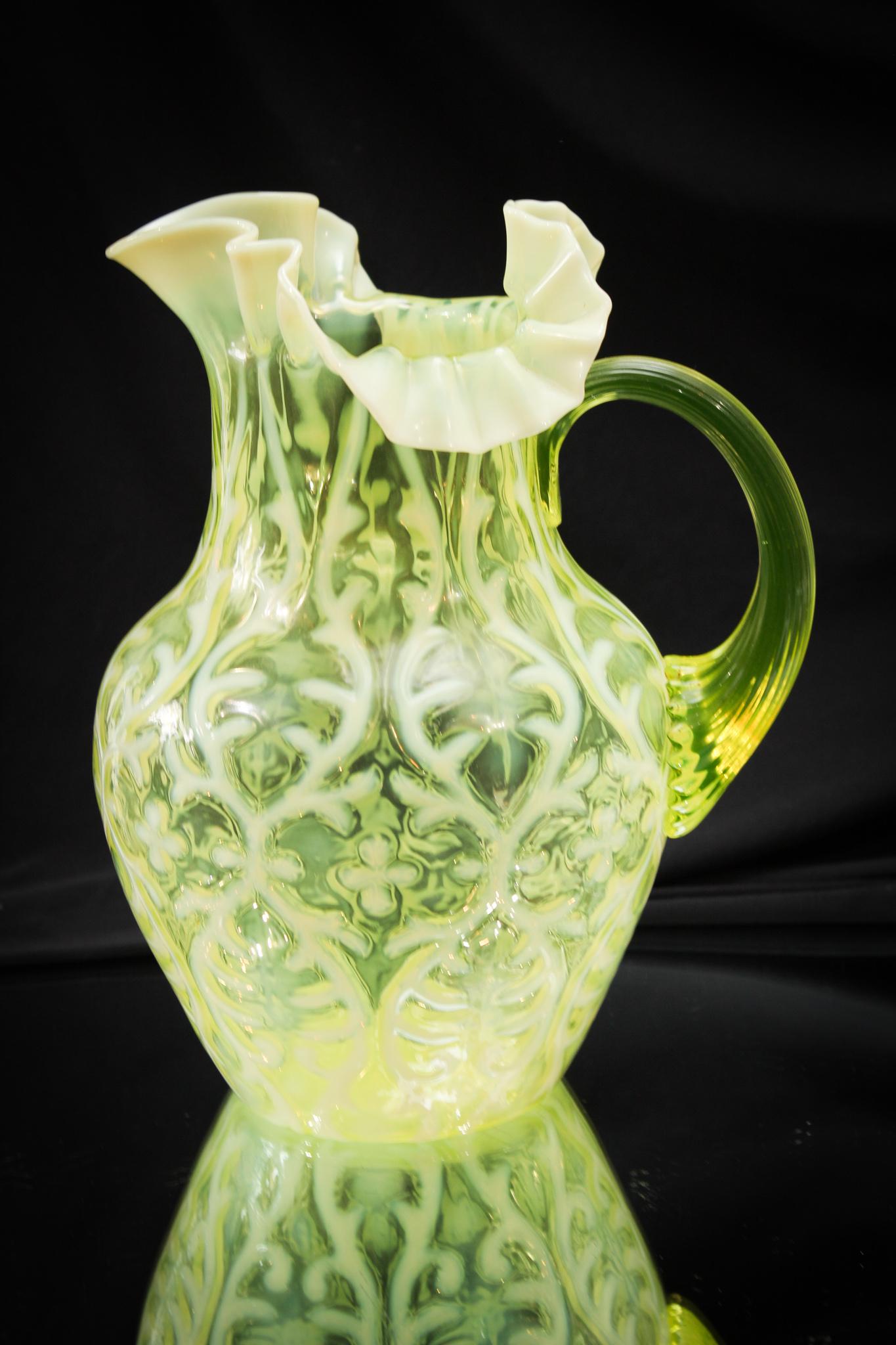 Northwood Vaseline Opalescent Spanish Lace Water Pitcher: Do you find yourself running around the house looking for a water pitcher? Do you sit and ponder where you last left it? Do you only wish you had a fantastic and memorable pitcher that you could tuck 