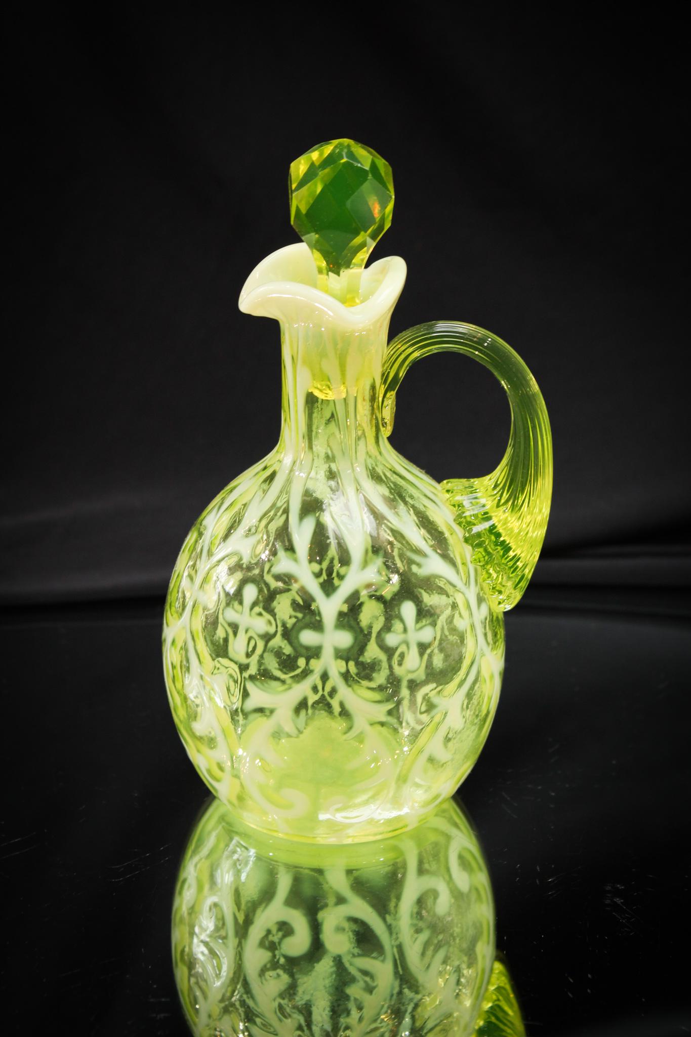 Northwood Vaseline Opalescent Spanish Lace Cruet: Vaseline and vinegar what a combination. Normally reserved for the bathroom or the Julia Child in your house, this sweet little gal packs quite a punch with it's strong vaseline coloring and the uses.