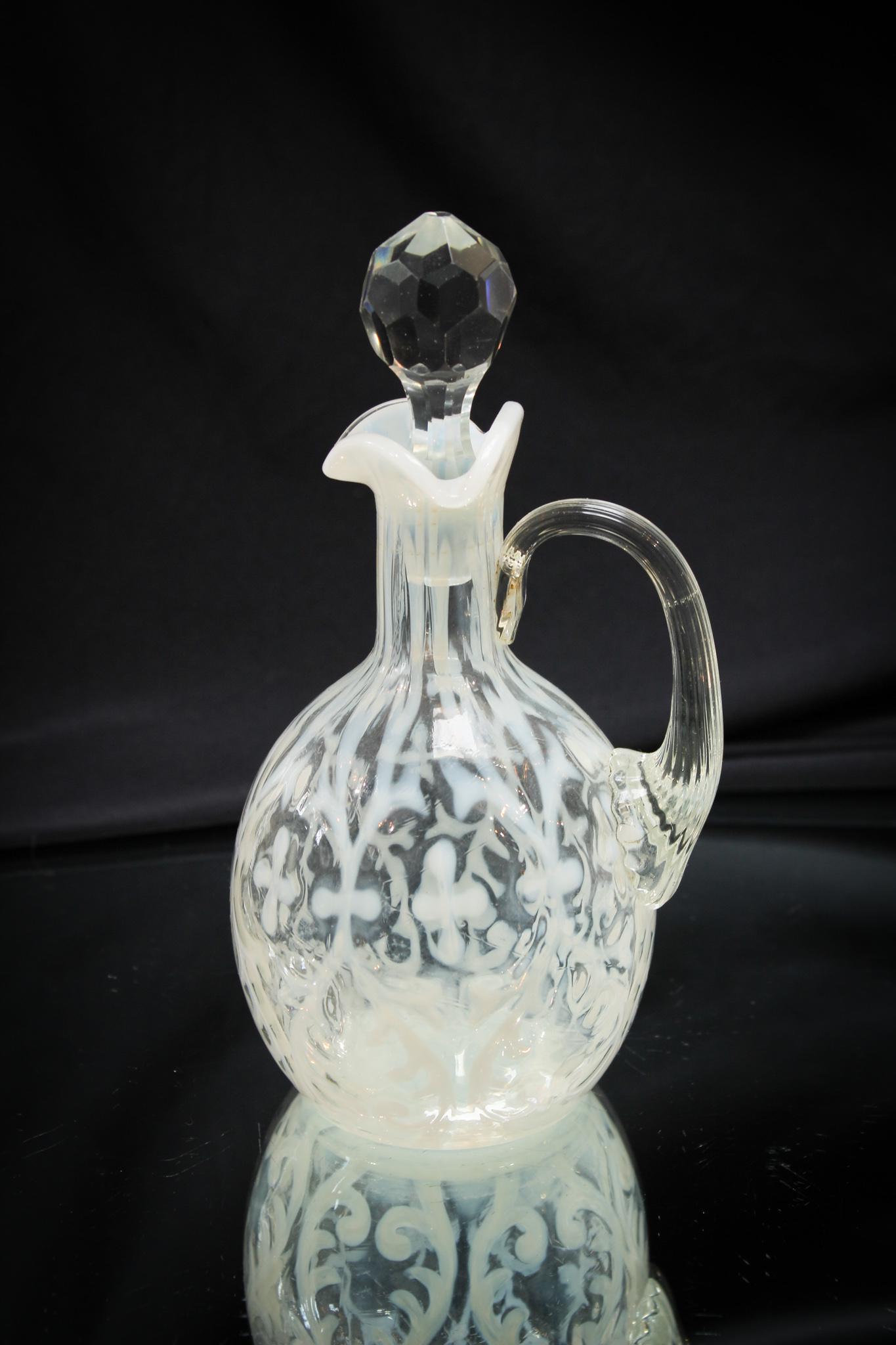 Northwood Crystal Opalescent Spanish Lace Victorian Cruet: Some cruets are tough to find in crystal opalescent. This one is not the exception. Seldom found in Crystal opal, this is quite the example. Excellent fiery opalescence and crisp clarity to the glass 