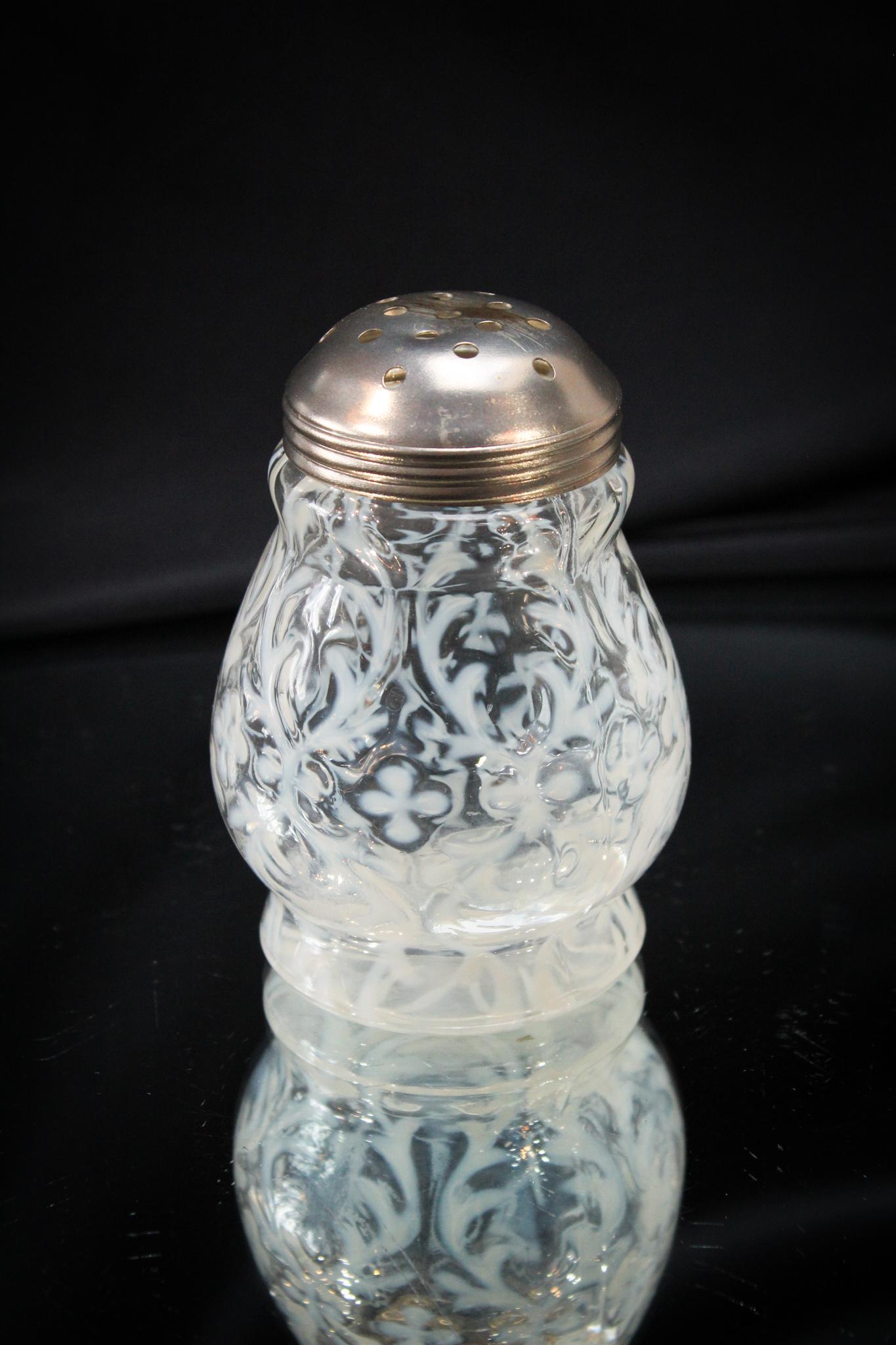 Northwood Crystal Opalescent Spanish Lace Victorian Sugar Shaker: We seem to have a theme going here wouldn't you say? Super nice crystal opalescent Spanish Lace pattern Victorian sugar shaker. Another example in tough to find crystal opalescent. Think about it. You