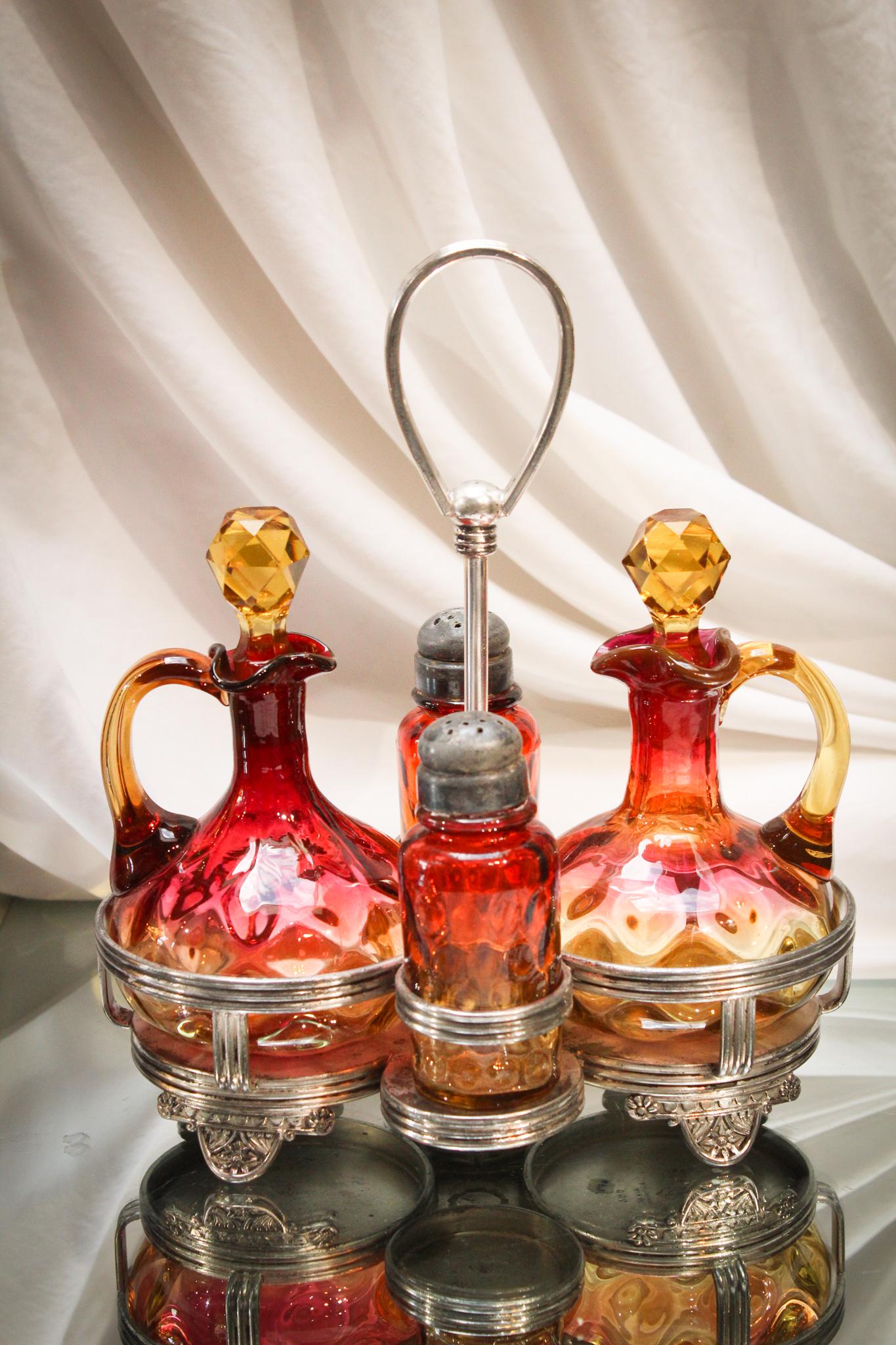 Victorian Mt. Washington & Pairpoint Silverplate Amberina DBL Cruet Castor (1 of 8)