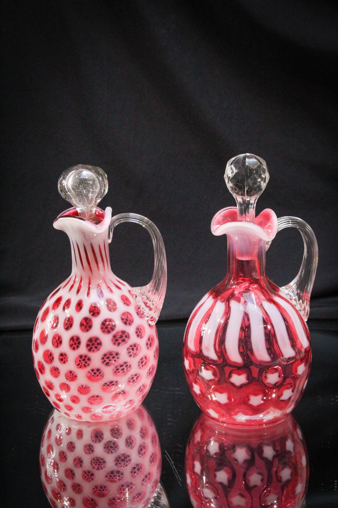 2 pc Lot Fenton Cranberry Opalescent Glass Cruets (1 of 8)