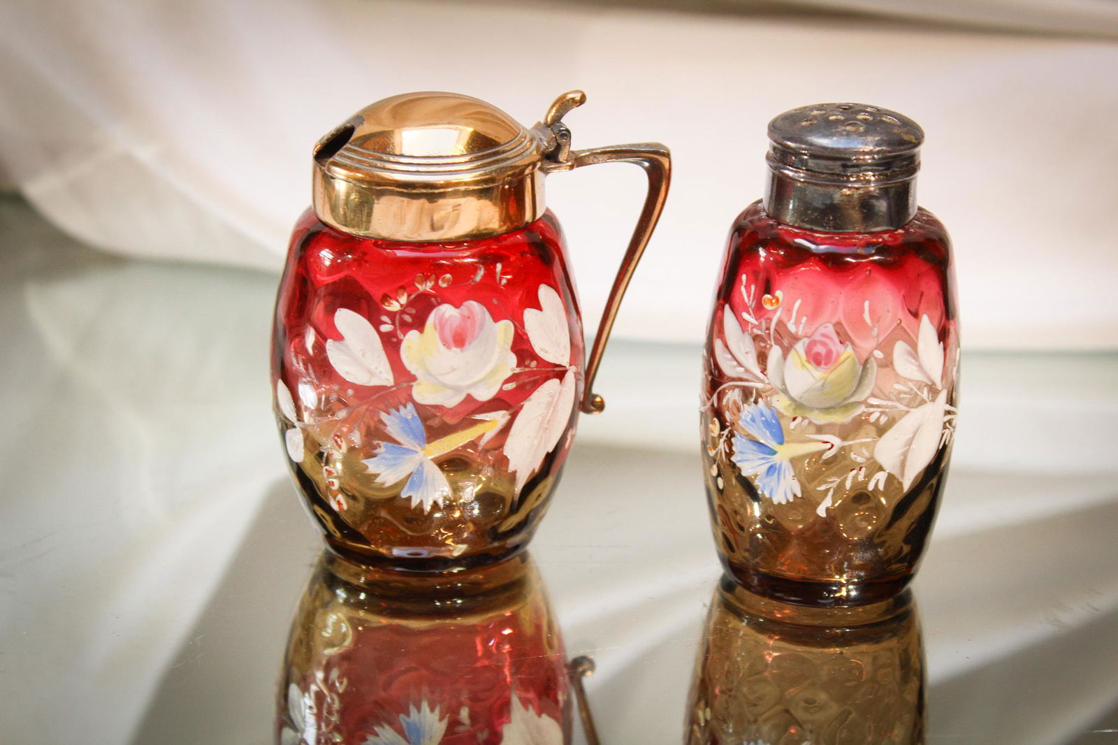 Phoneix Glass Victorian Amberina Enameled Salt Shaker & Mustard (1 of 6)