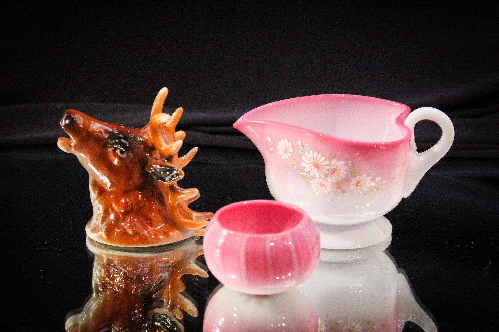 3 pc Lot Pairpoint Glass and More: Here's a three piece lot to include a Pairpoint peachblow creamer, salt, and more! Tallest measures 2 1/2" tall.
