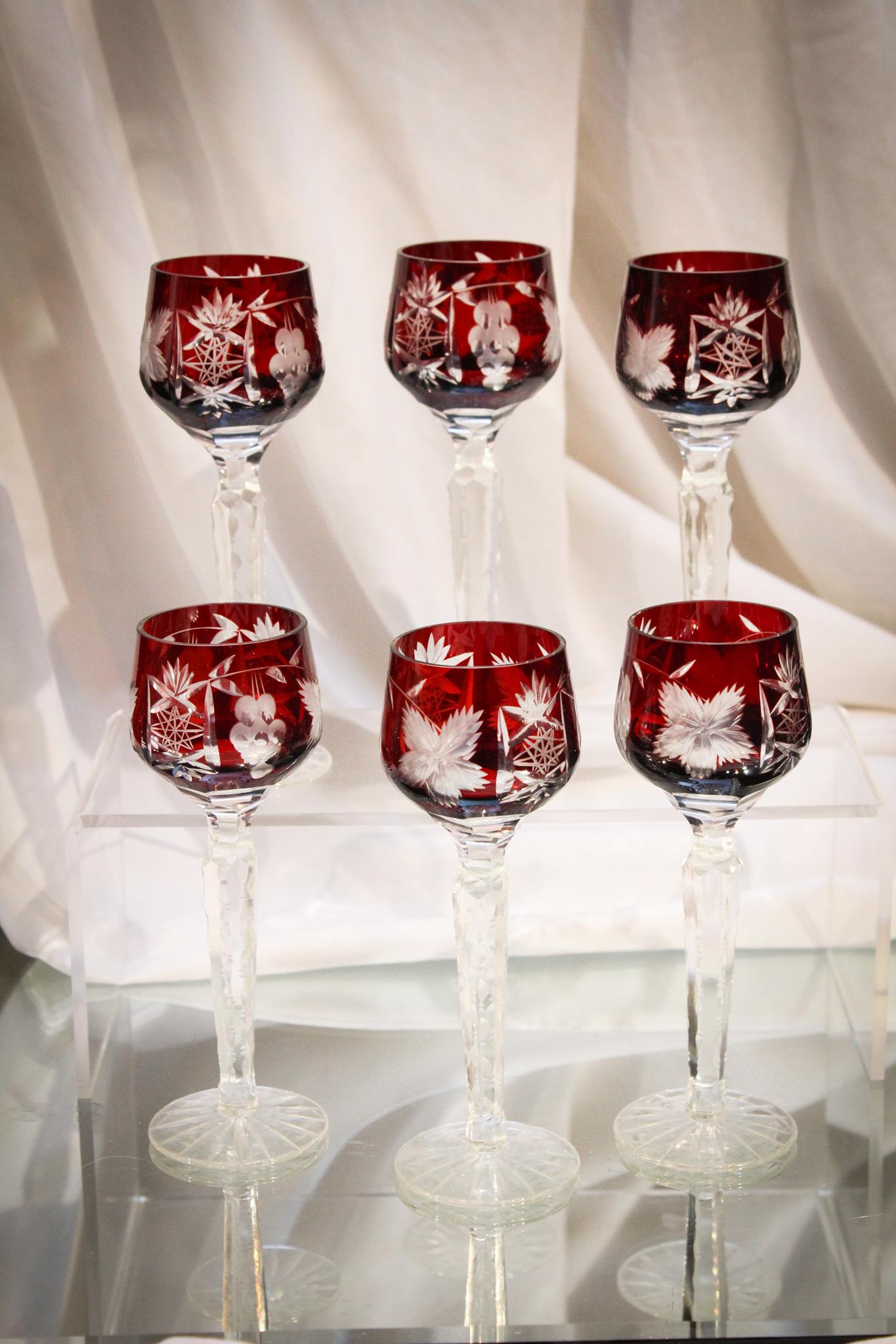 6 pc set Bohemian Ruby Cut to Clear Glass Cordial Stems (1 of 5)