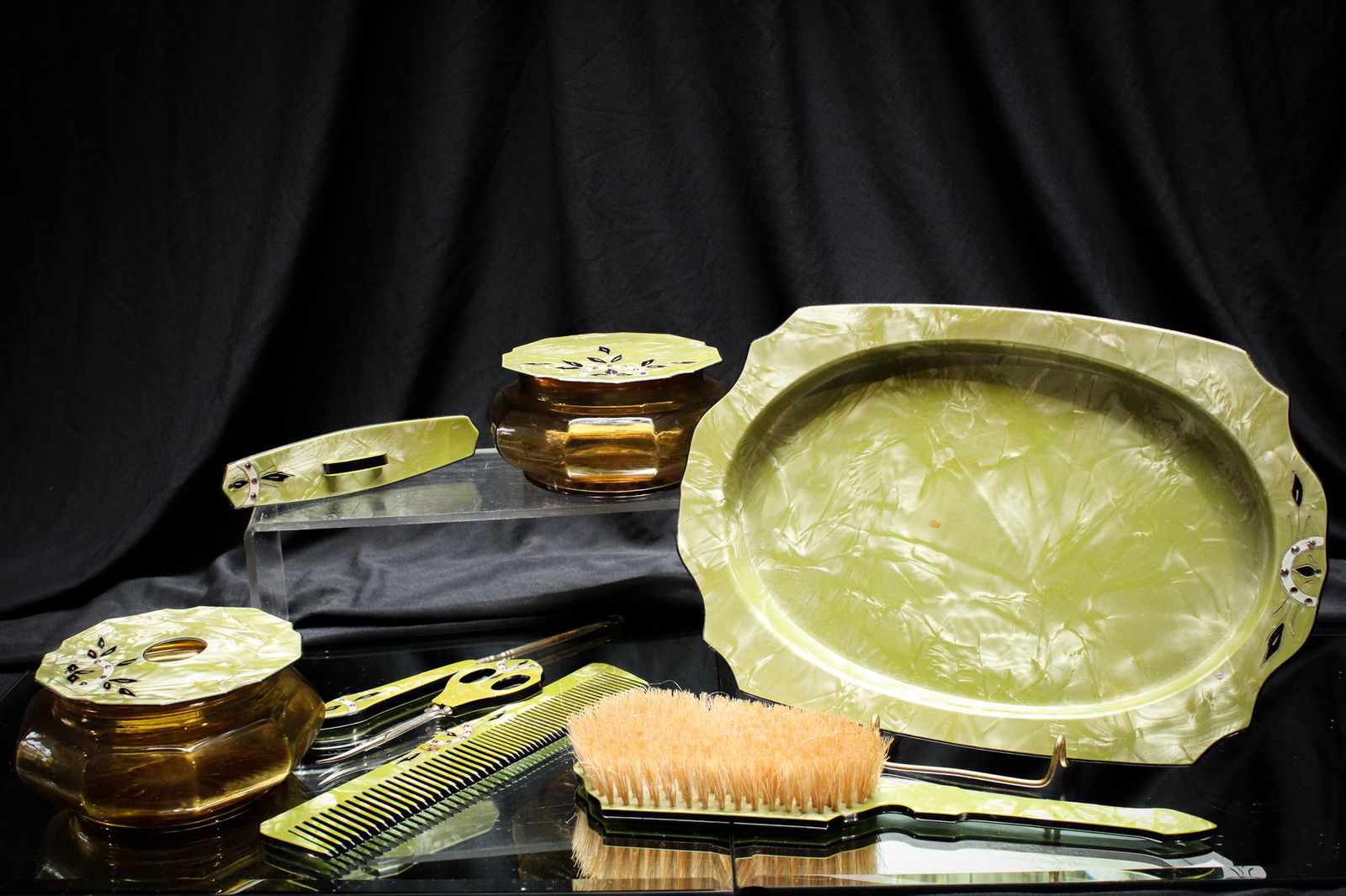 Art Deco 8 pc Celluloid Dresser Vanity Set: This set screams Art Deco, and who wouldn't want this set to complete your dressing vanity? No man is too feminine to have this alongside their BRUT cologne. Longest piece measures 10 1/2".