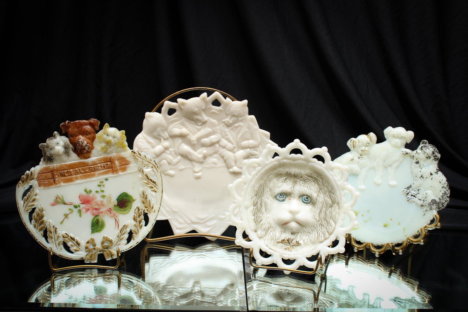 Victorian 4 piece lot of Opal Glass Kitten & Dog Novelty Plates: These are special folks. Such a precious litter of kittens and pups. Victoriana at it's best so it's your chance to adopt these little critters. Largest measures 7" in diameter.