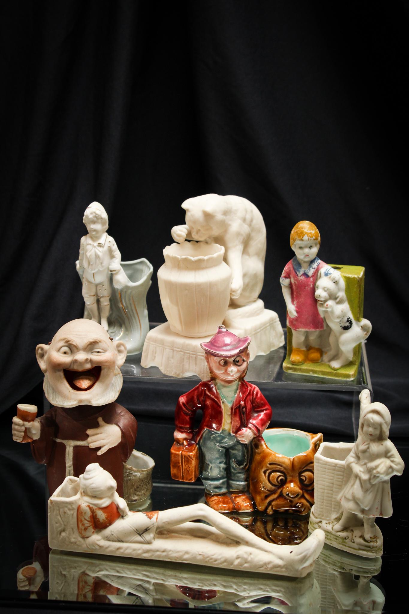 Lot of 7 Victorian Parian Bisque Statues & Novelites: Charming lot of Victorian Parian ware bisque novelties to include a monk nodder and a Parian cat. Tallest measures 4 1/2" tall.