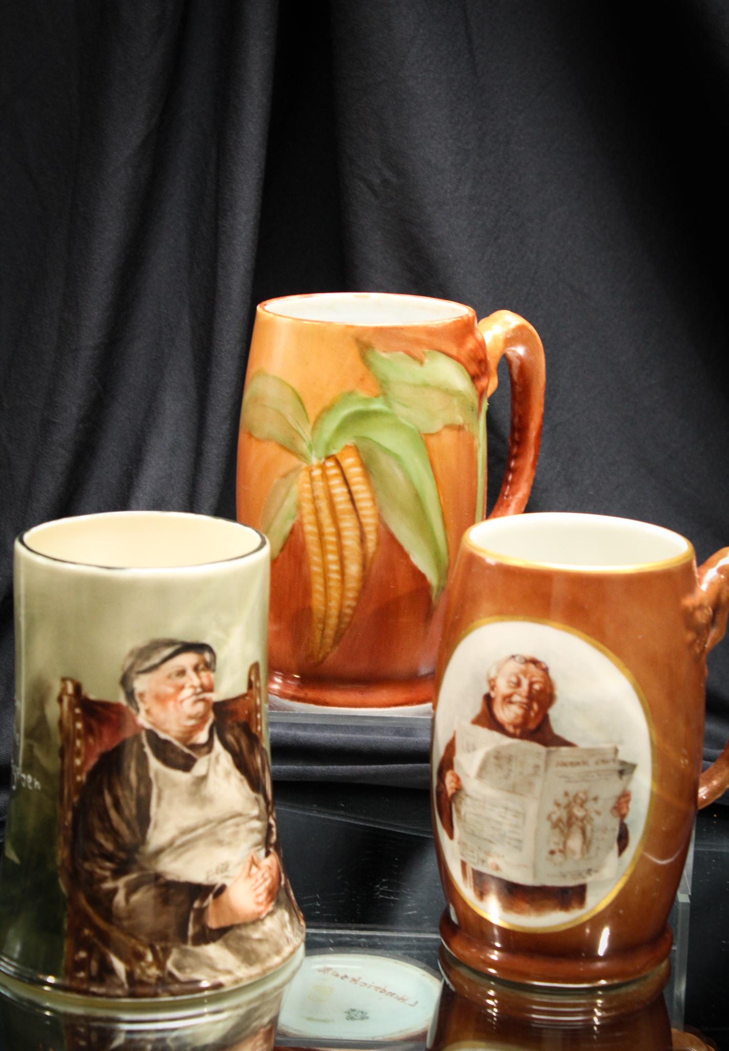 Lot of 3 Victorian France & Belleek Porcelain Mugs: Nice grouping of 3 Victorian porcelain mugs to include Belleek and also Limoges in an array of decors. Such nice examples. Tallest measures 5 1/2" tall.