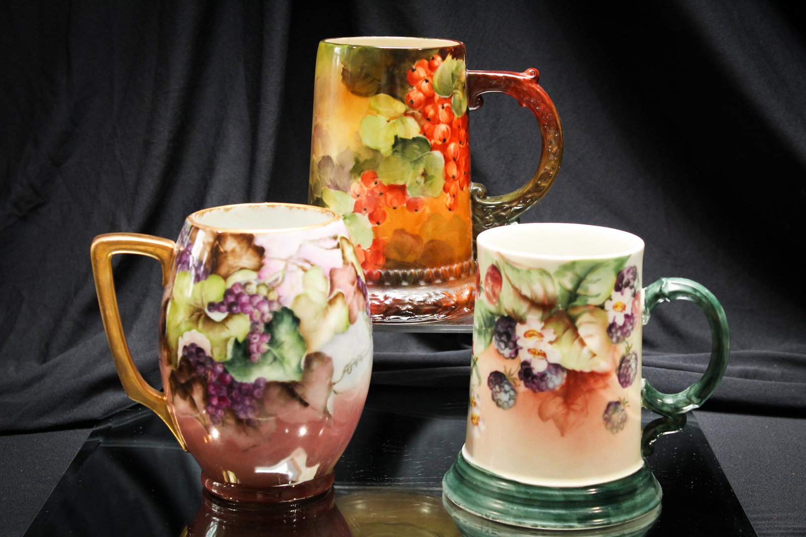 Lot of 3 Victorian France Bavaria Belleek Porcelain Mugs: Another nice grouping of hand-painted Limoges, Belleek, and Bavaria mugs. Exquisitely decorated. Tallest measures 5 1/2" high.