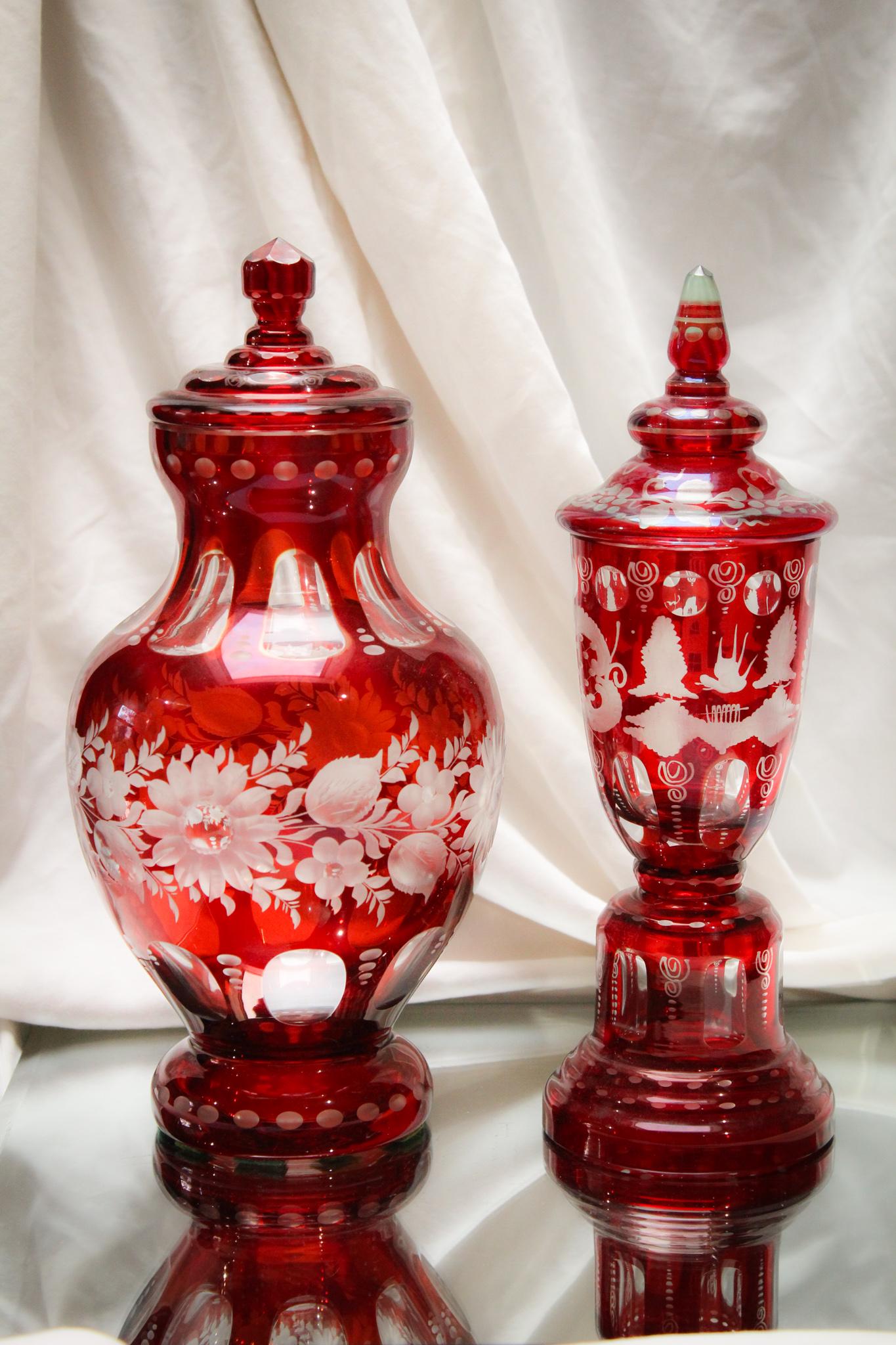 Pair of 12" Egermann Bohemian Ruby Glass Mantle Urns: How impressive are these now folks? Deep, rich ruby coloring with wonderful size and detail to these covered mantle urns. Each measures 12" tall. Nice!