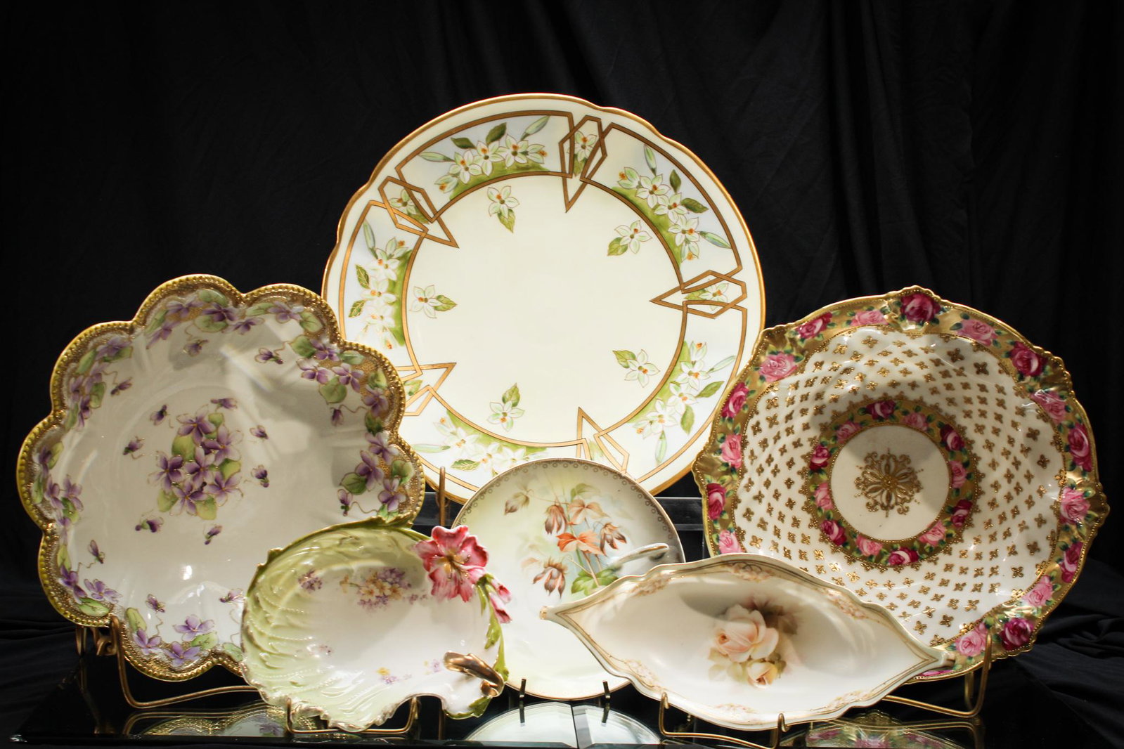 Lot of 6 pc Victorian Nippon & Germany Porcelain: A fabulous lot of beautiful Victorian porcelain to include 2 bowls, a charger, and 2 nappy dishes. Largest measures 12 1/2".