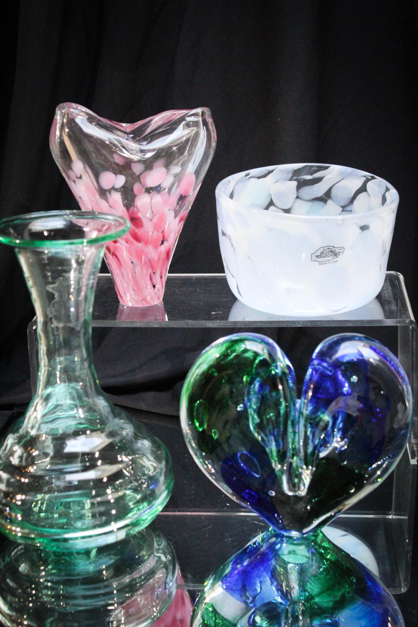 Lot of 4 pcs Blenko and More Studio Glass: Can you only imagine the craftmenship to make these lovelies? True artisans of the finest examples of that type of glass. Three examples are signed, while the remaining one is not. Tallest measures7 1