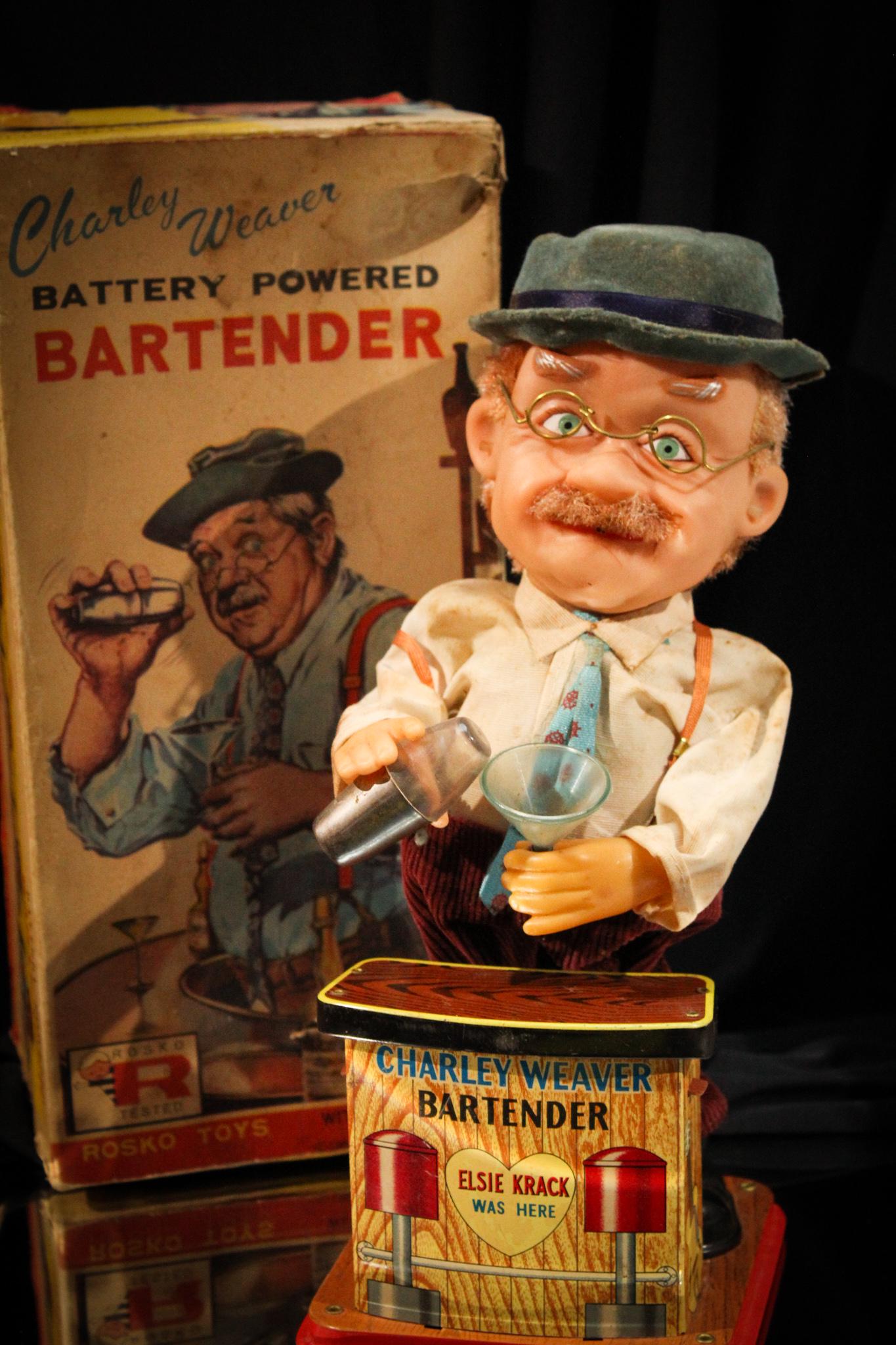 Rosko Toys Charlie Weaver Bartender w/ Original Box: For all you vintage toy collectors or collectors of Bar memorabilia, this would be collection enhancing! A Rosko toys Charlie Weaver light up Bartender in original box. Measures 12".