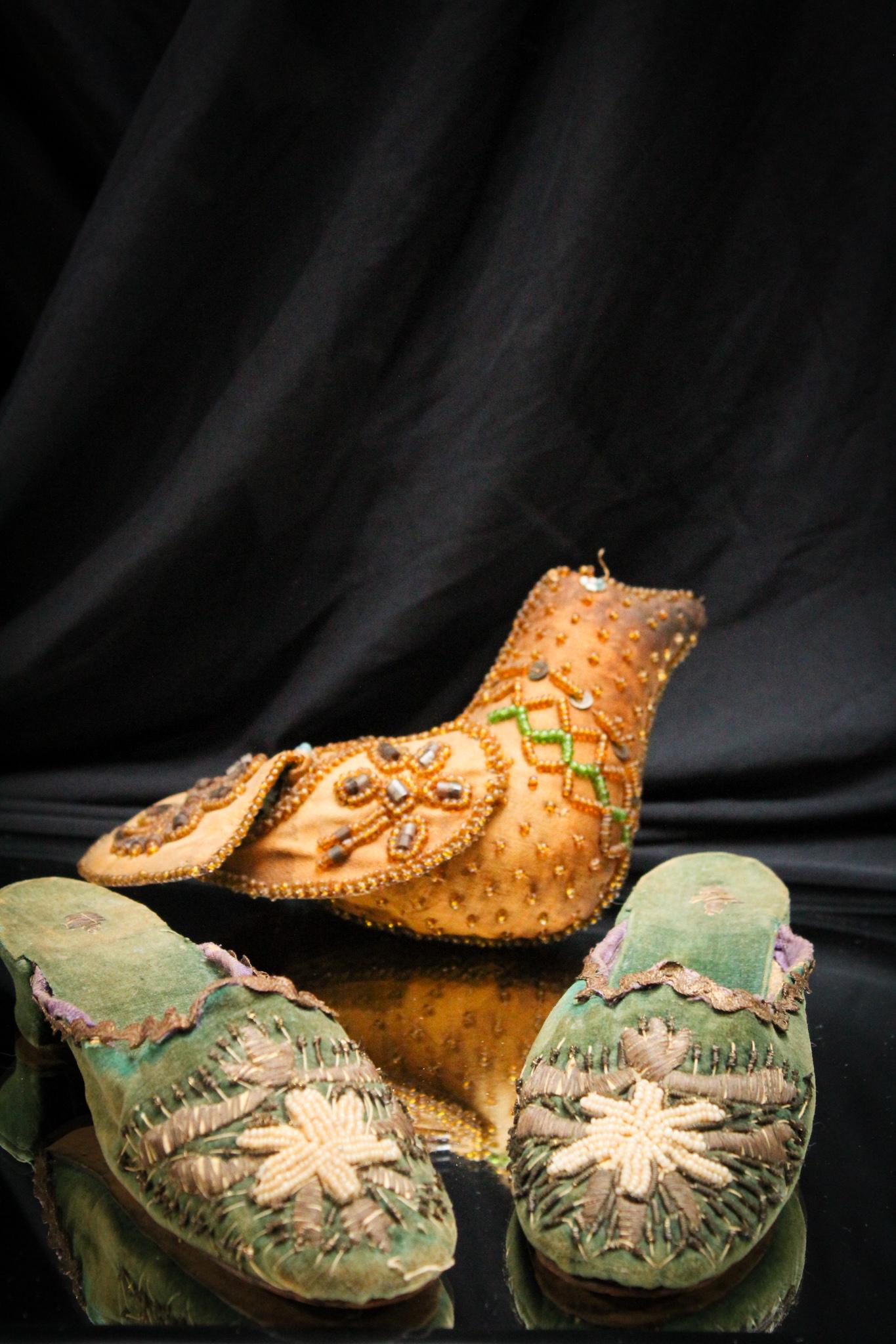 Antique Pair of Velvet Embroidered Beaded Slippers & More: Well, today's woman couldn't begin to fit into these dainty slippers. These are made of green velvet with leather soles, and a slight heel. This pair is embroidered and beaded and quite small. These a