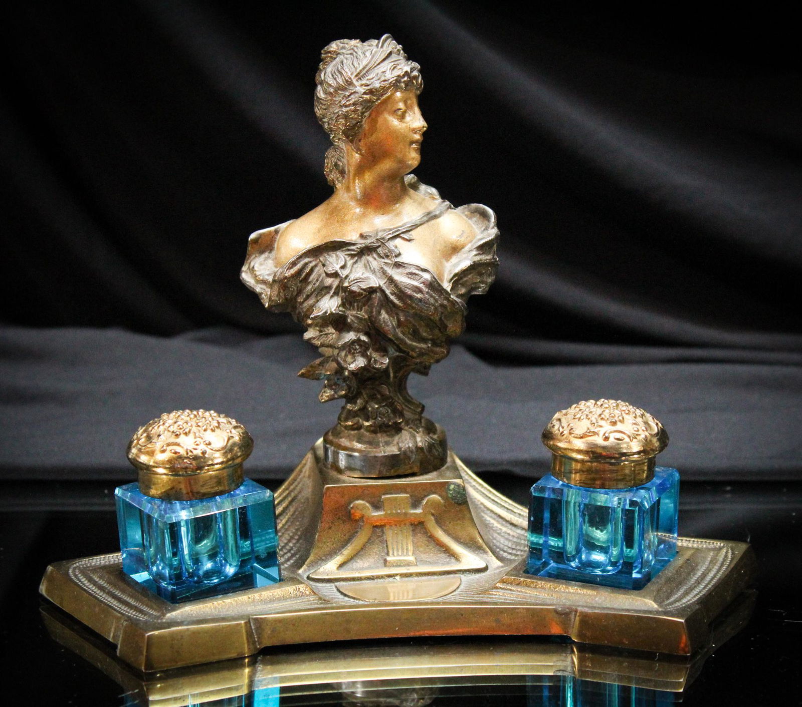 Victorian Double Blue Glass Inkwell Desk Set w/ Bust (1 of 6)