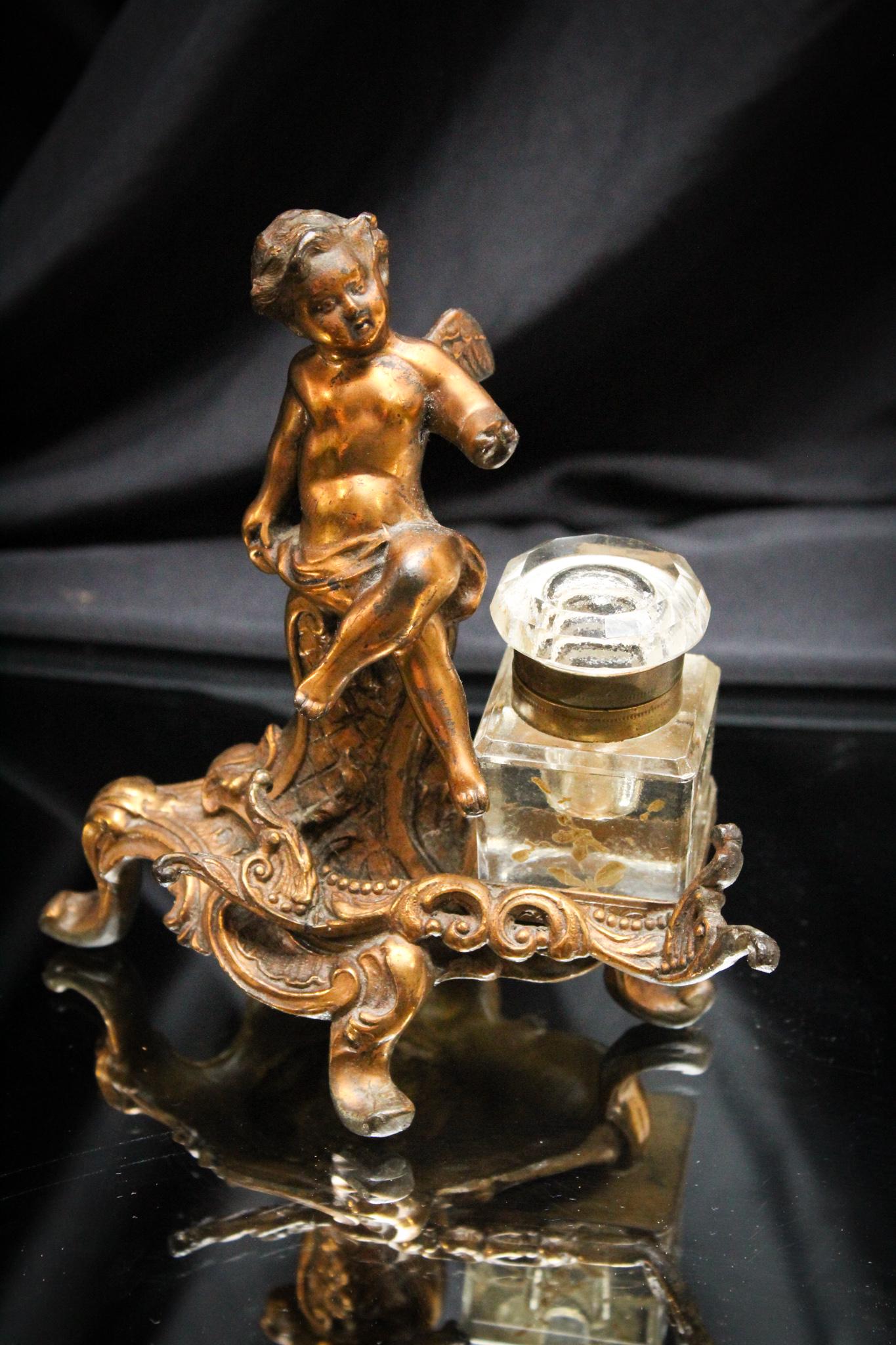 Victorian Cast Brass Figural Cherub Inkwell (1 of 5)