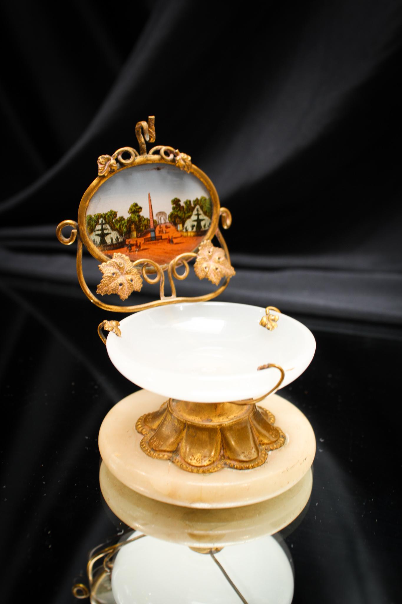Grand Tour Pocket Watch Holder Pin Dish: Nice French opaline pocket watch holder with Grand Tour enameled painting on glass with marble base. Measures 4" tall.