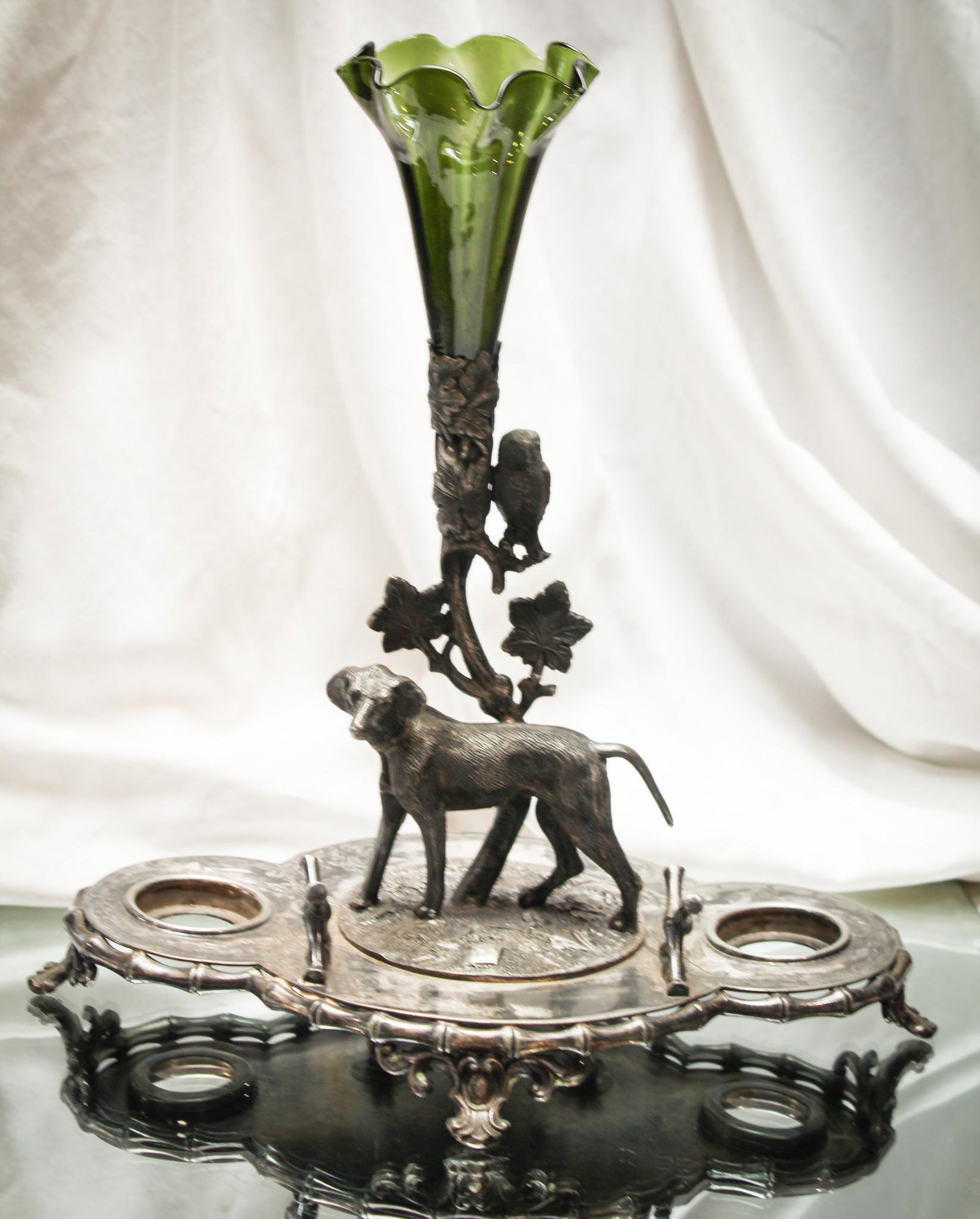 E.P.N.S. Victorian English Figural Silverplate Double Inkwell Stand: This is fabulous. A fabulous Victorian E.P.N.S. signed figural silverplate double inkwell stand. Stand features a hunting dog and owl perched in the tree. Holder is complete with a forest green epergn