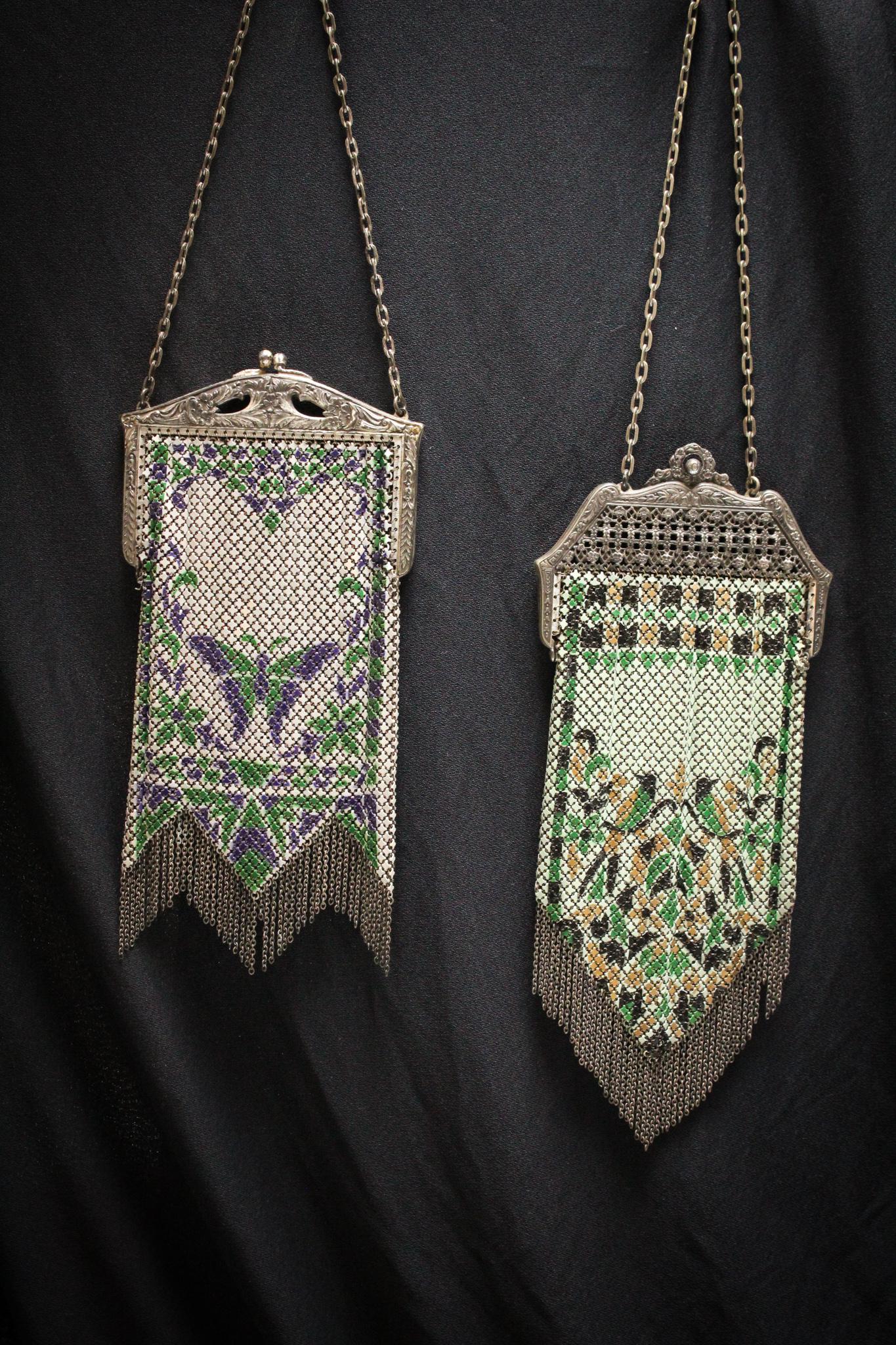 2 pc Lot Victorian Mandalian Mesh Purses: Folks, these are nice. An offering of two Mandalian mesh Victorian purses. One is decorated with butterflies. The other with birds. Largest measuring 6 1/2".