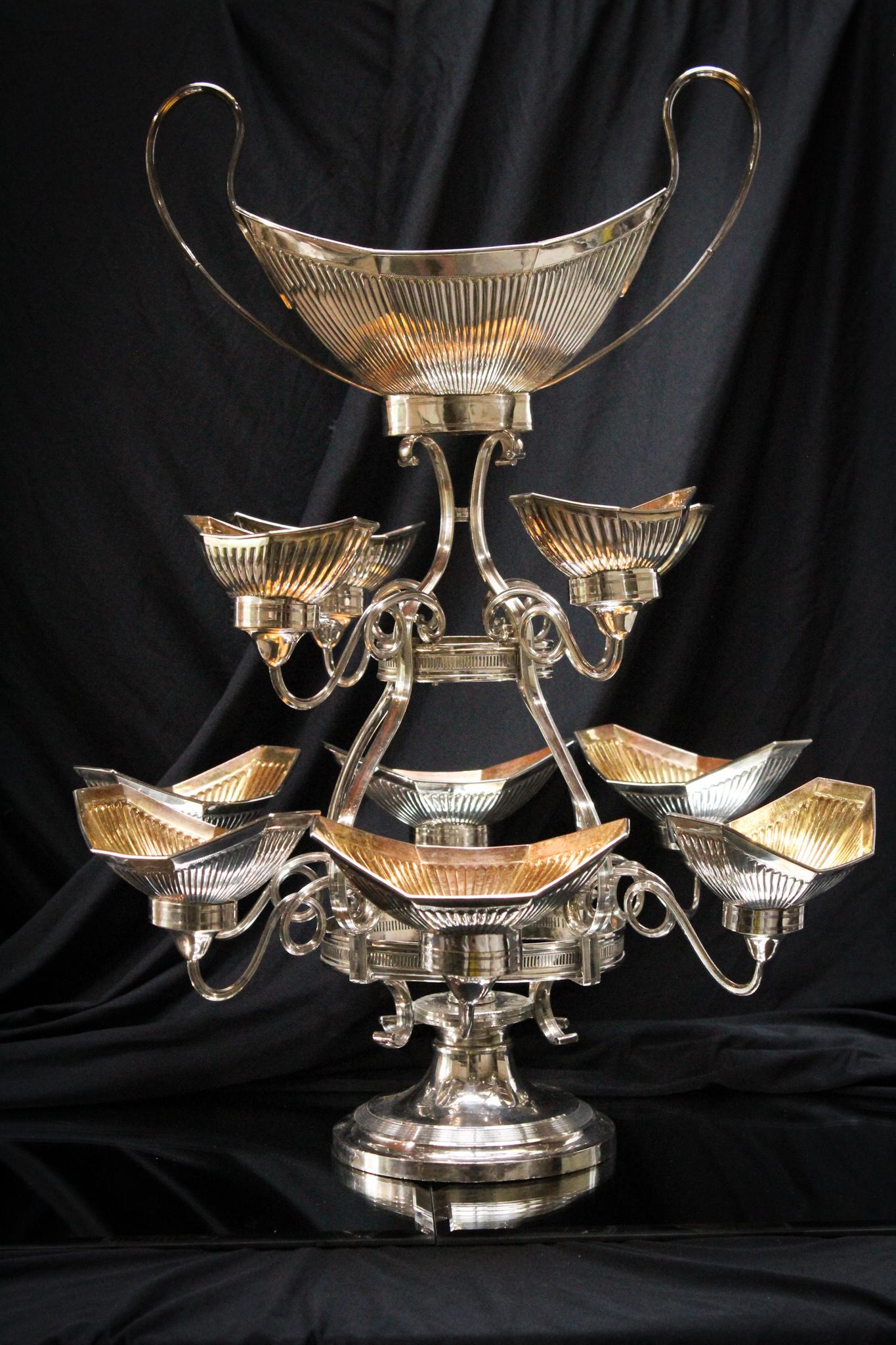 Victorian English Silverplate Epergne Centerpiece: The best English silverplate Victorian epergne we have offered. This piece measures a large 22" high.